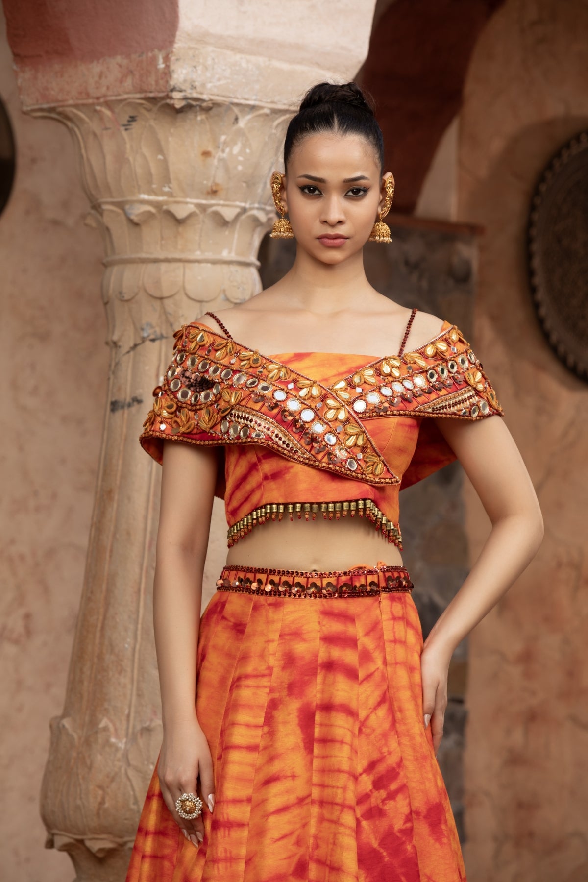 TANGERINE TIE-DYE OVERLAP CHOLI LEHENGA