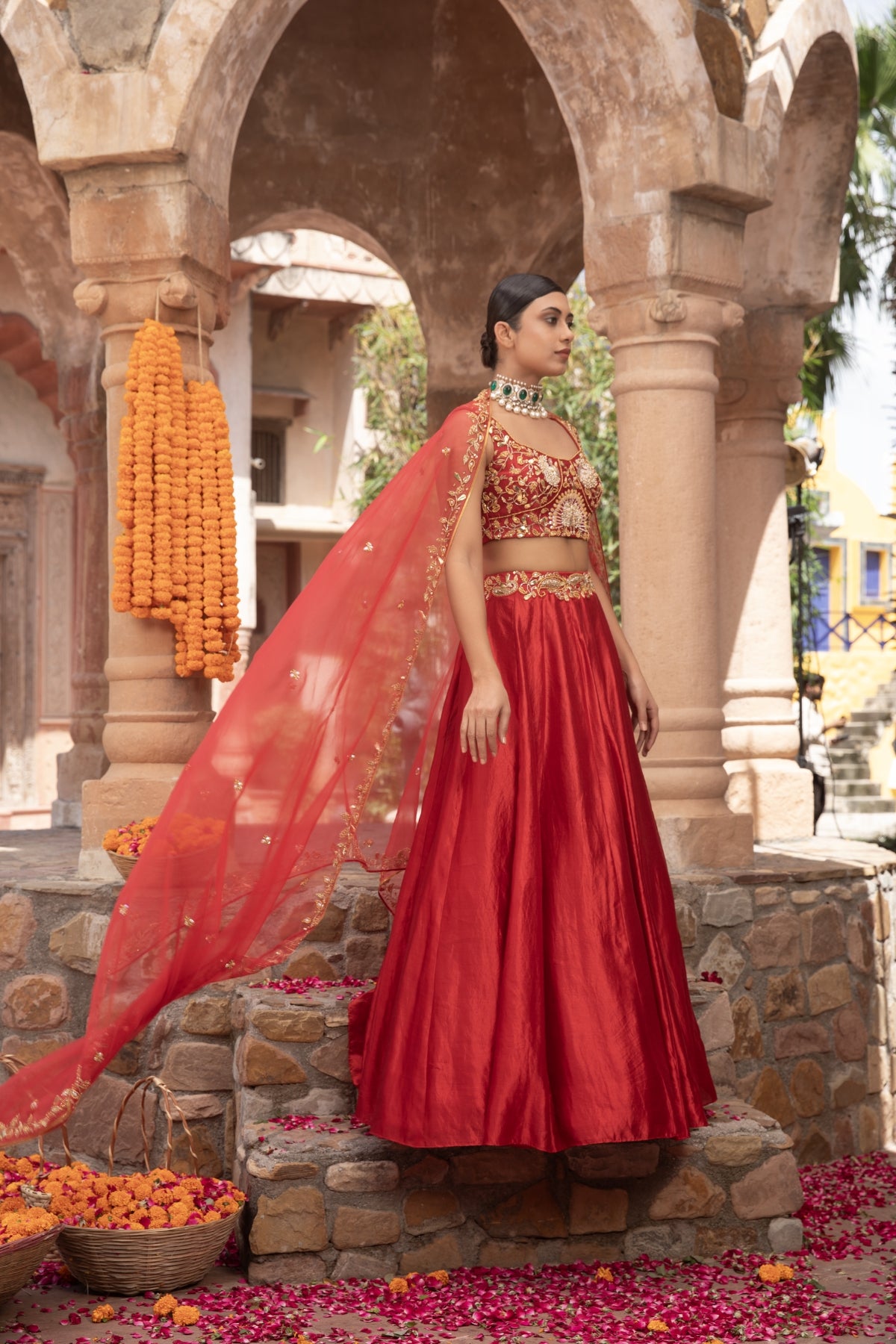 SCARLET RED PEACOCK KORA SILK LEHENGA