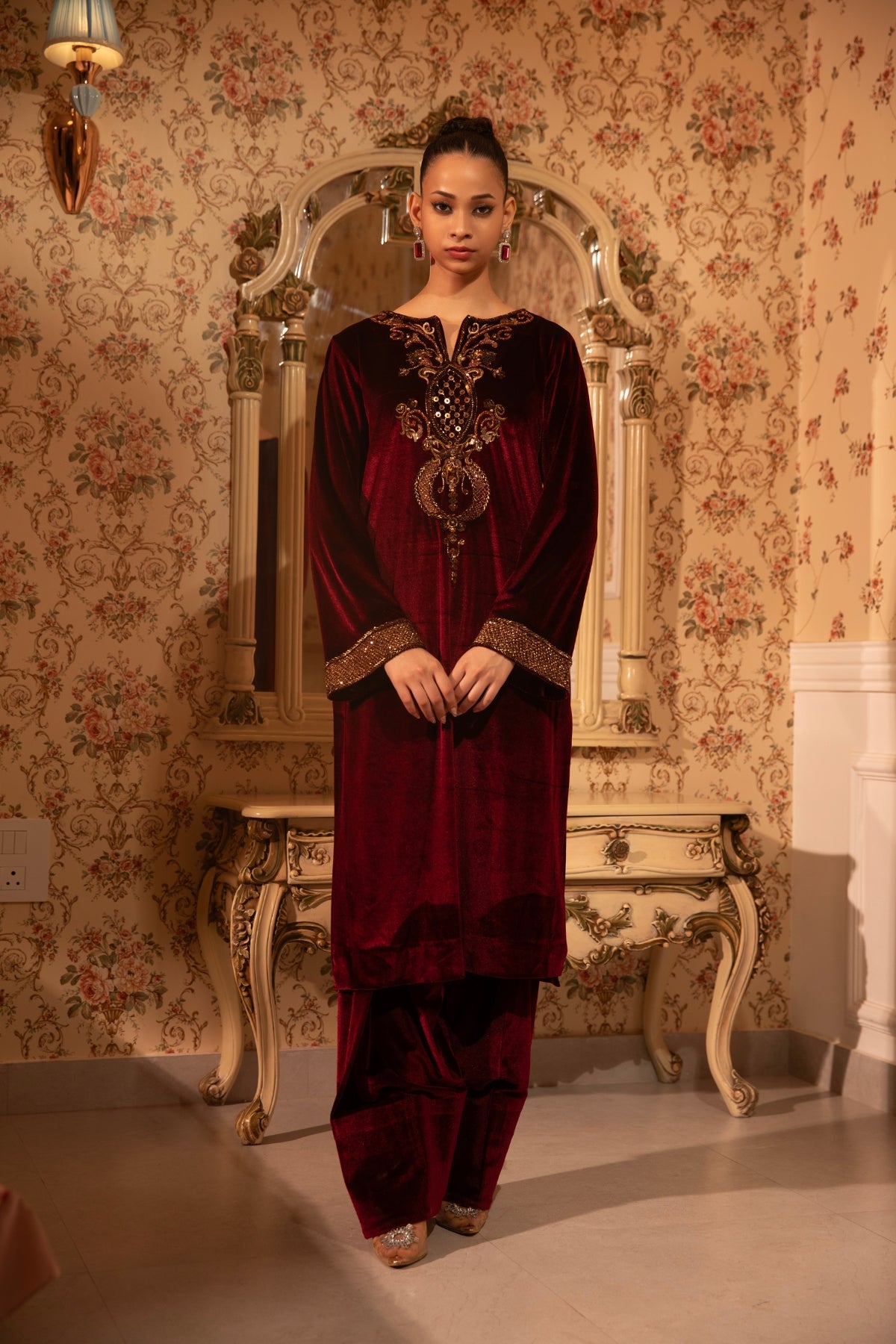 BURGUNDY BAROQUE WORK VELVET KURTI & SALWAR