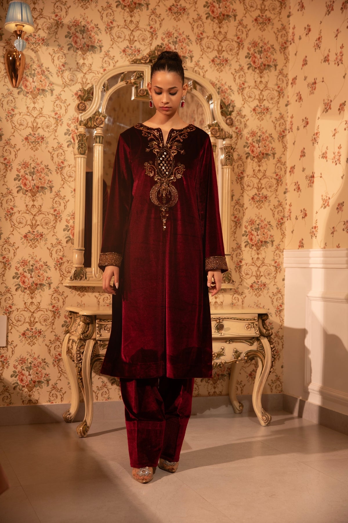BURGUNDY BAROQUE WORK VELVET KURTI & SALWAR