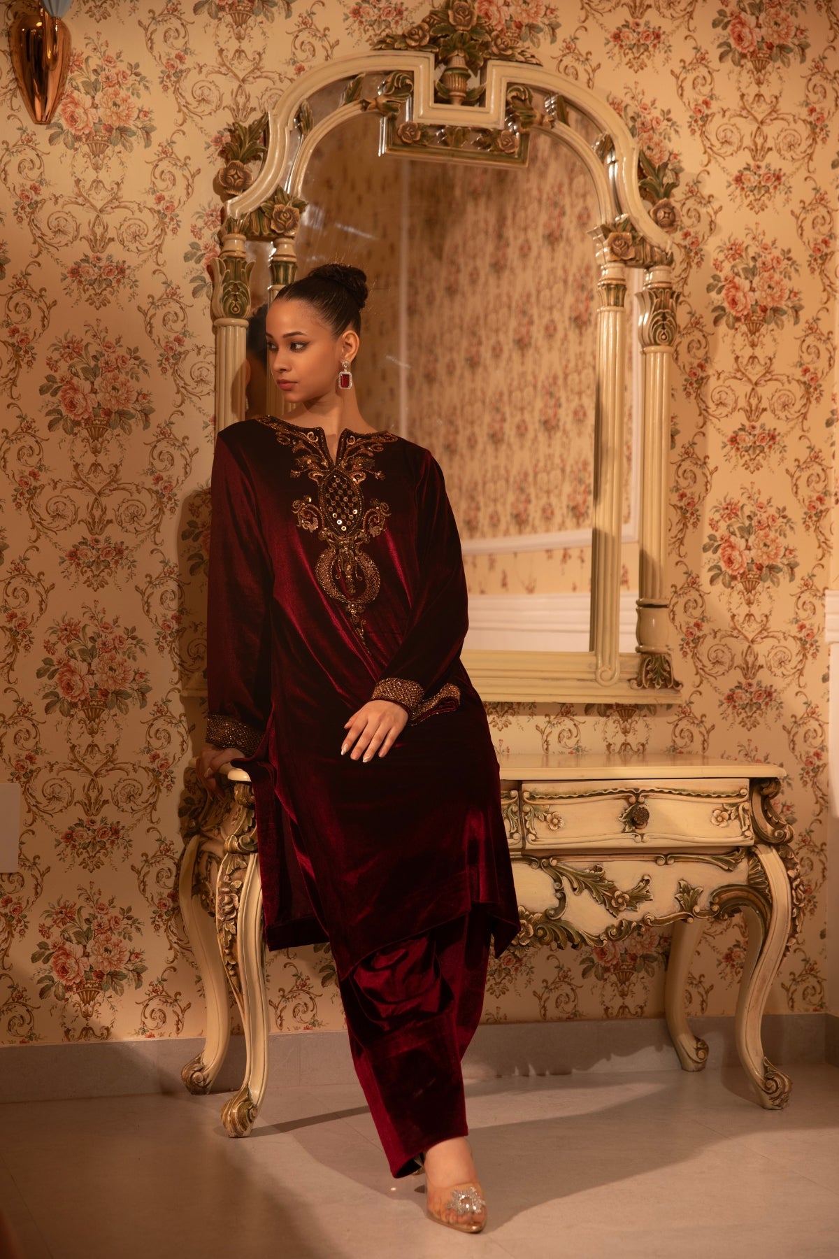 BURGUNDY BAROQUE WORK VELVET KURTI & SALWAR