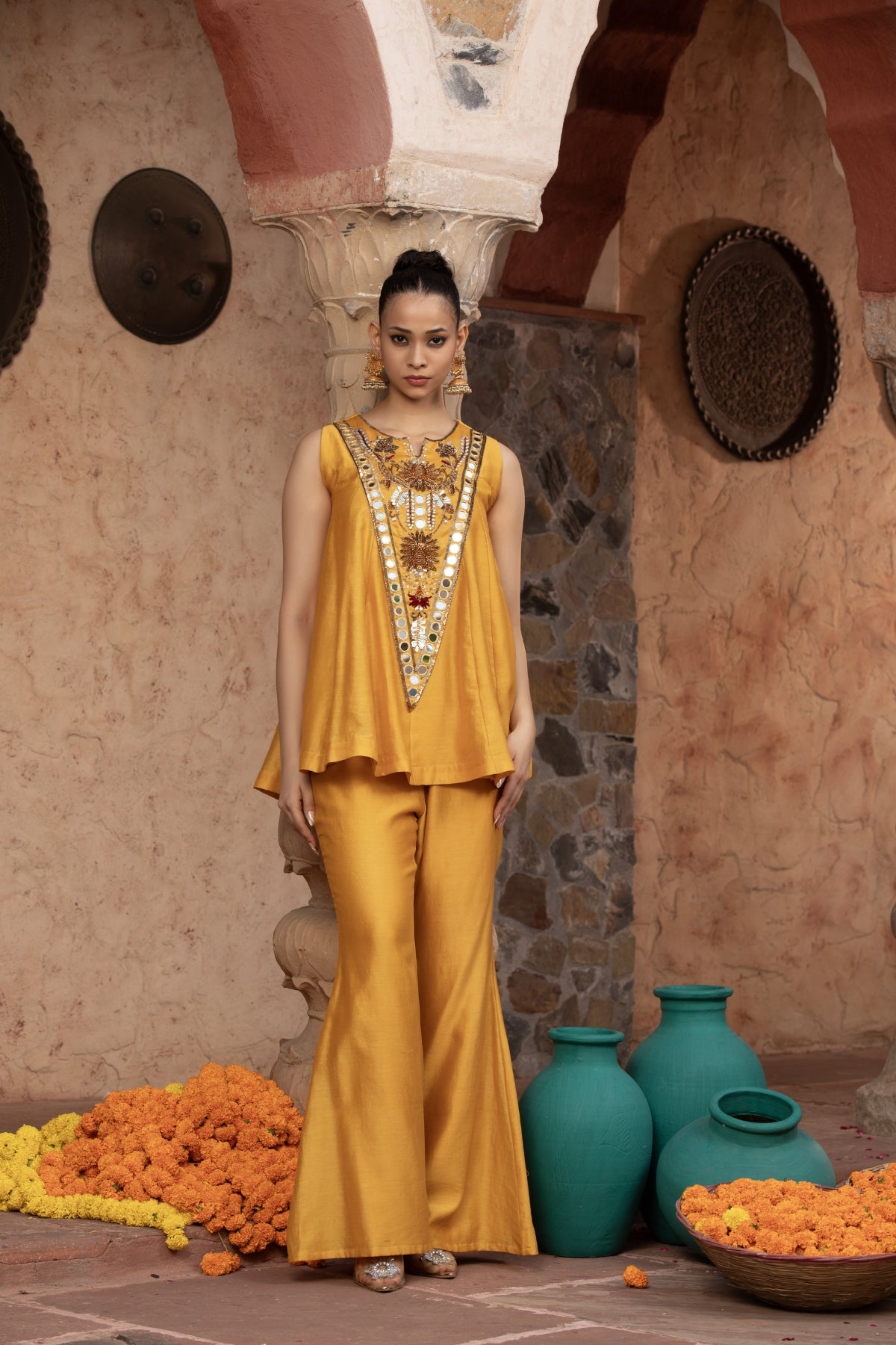 MIRROR WORK CHANDERI KALIDAR TOP & PALAZZO