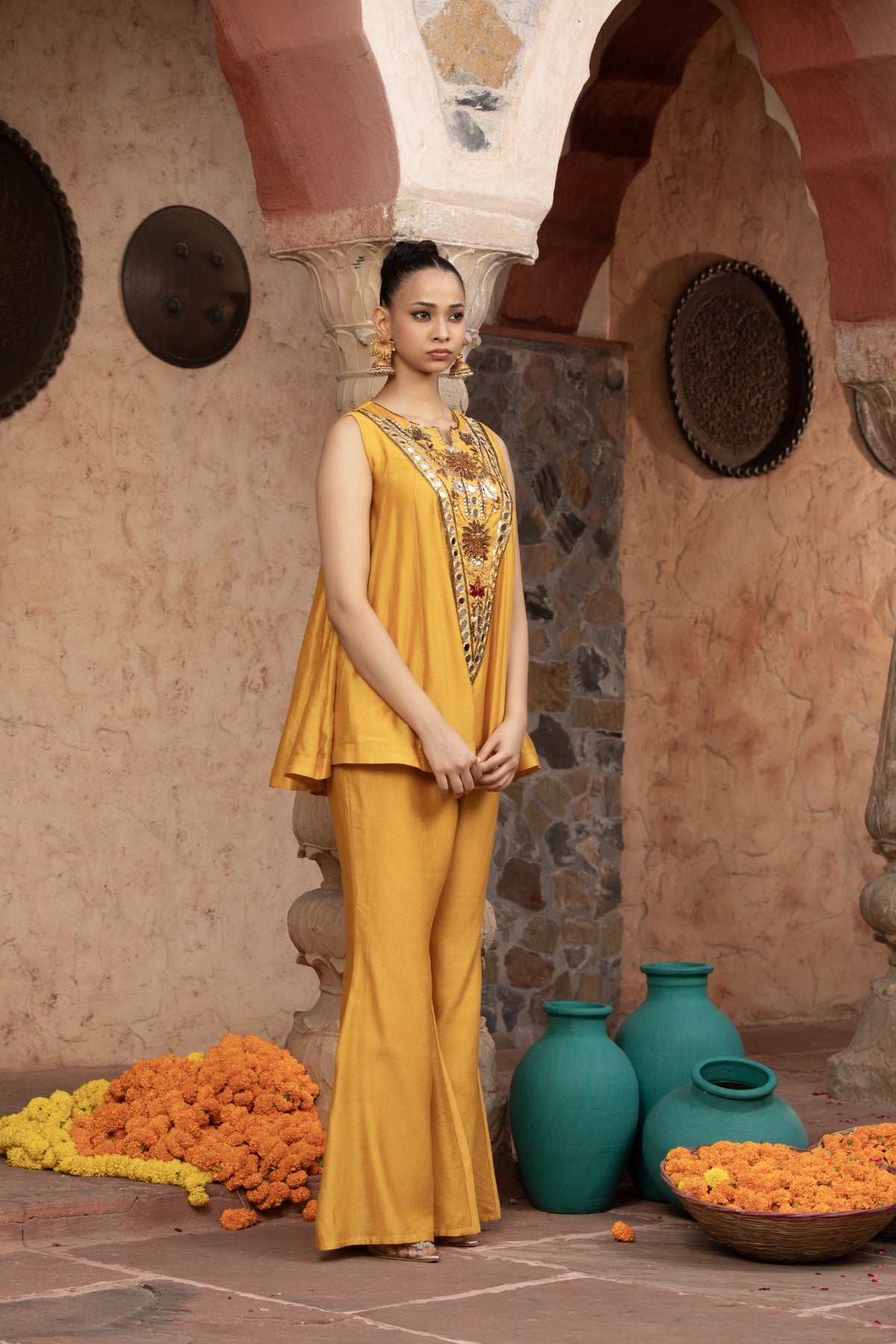 MIRROR WORK CHANDERI KALIDAR TOP & PALAZZO