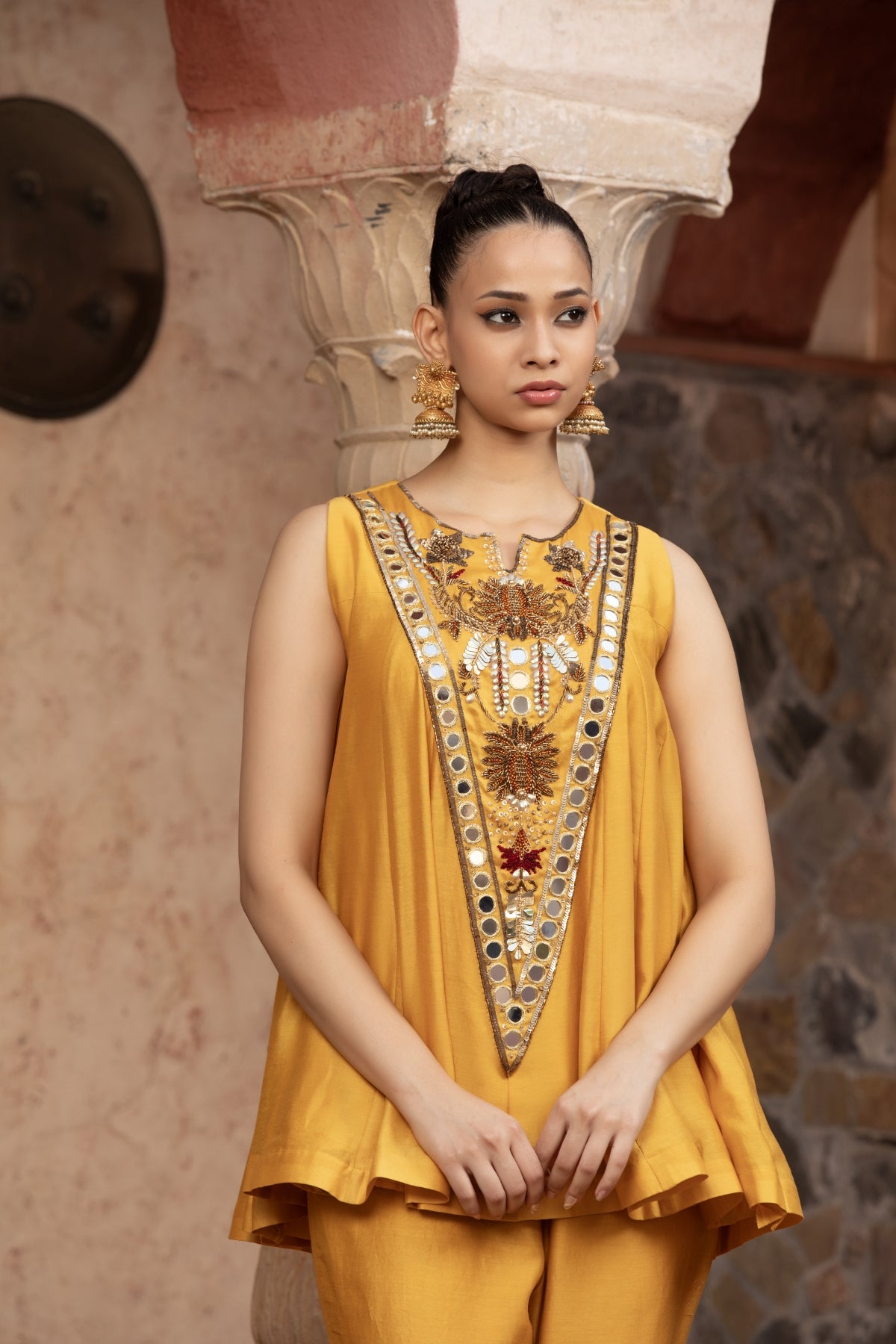 MIRROR WORK CHANDERI KALIDAR TOP & PALAZZO