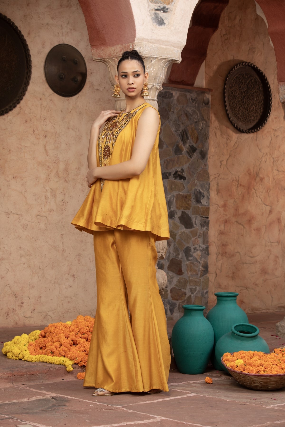 MIRROR WORK CHANDERI KALIDAR TOP & PALAZZO