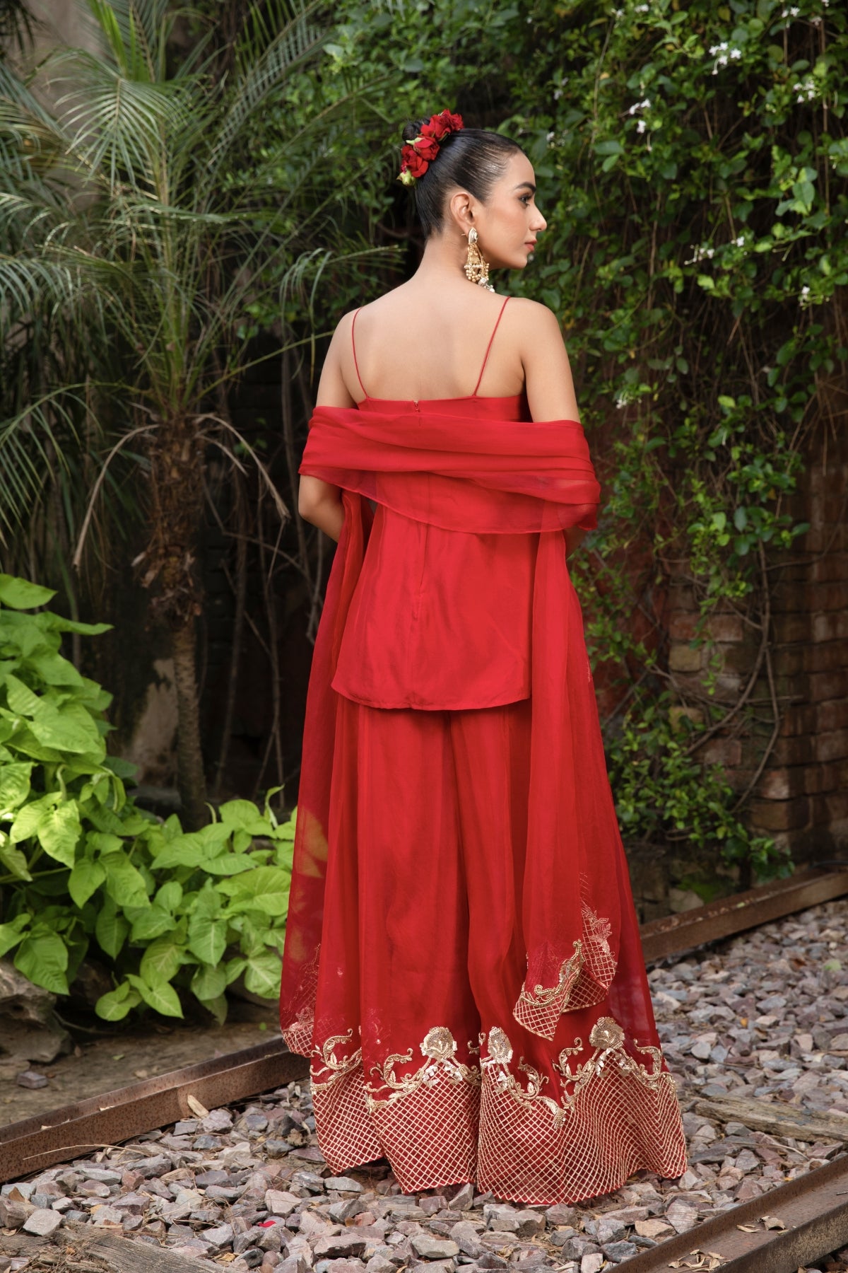 ROCOCCO INSPIRED SCARLET CORSET PEPLUM TOP & PALAZZO
