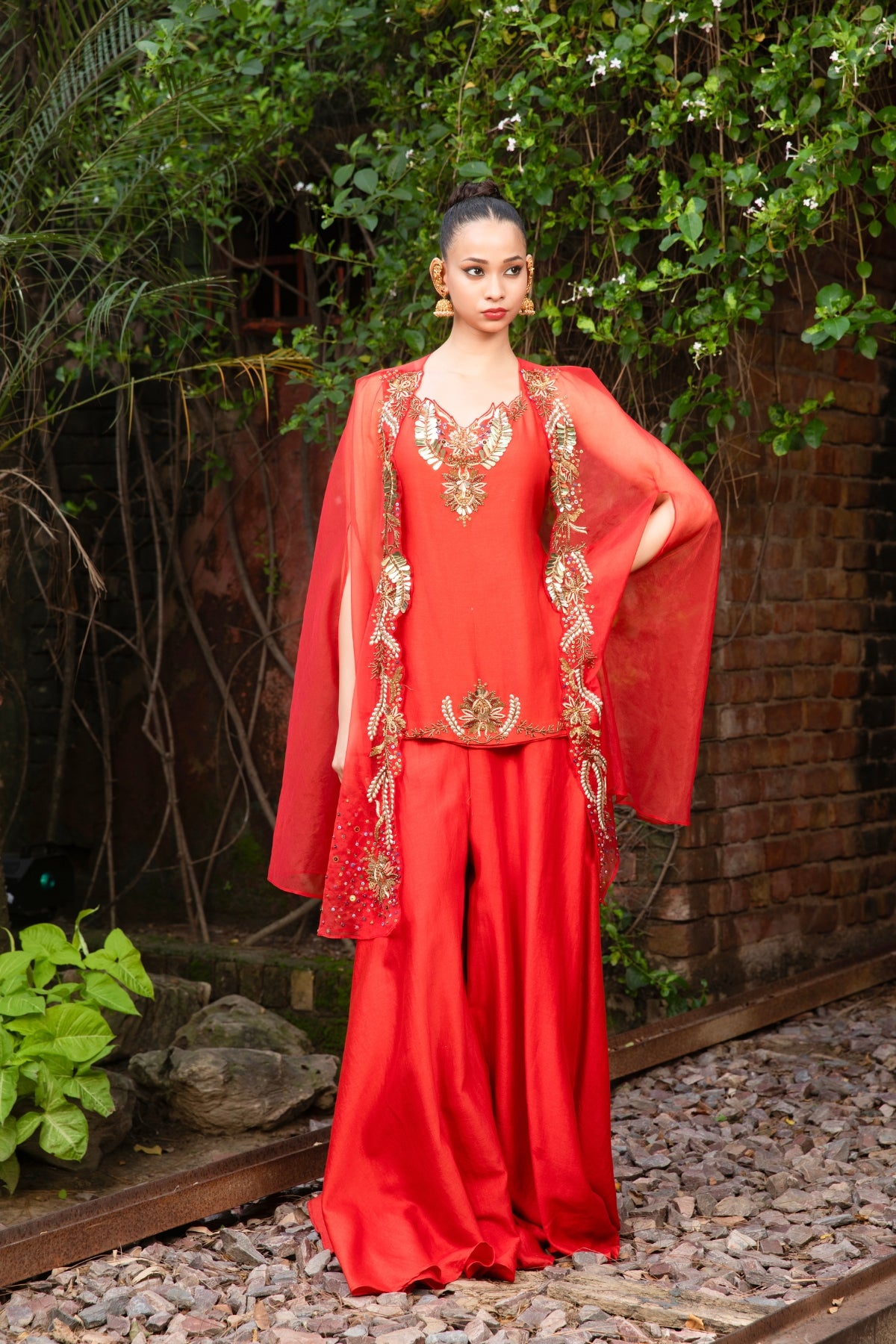 VERMILION HAND-EMBELLISHED KURTI PALAZZO & CAPE
