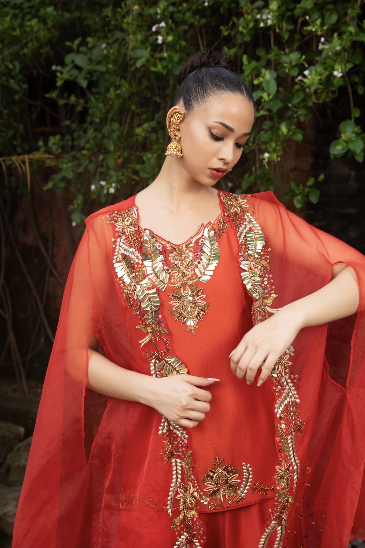 VERMILION HAND-EMBELLISHED KURTI PALAZZO & CAPE