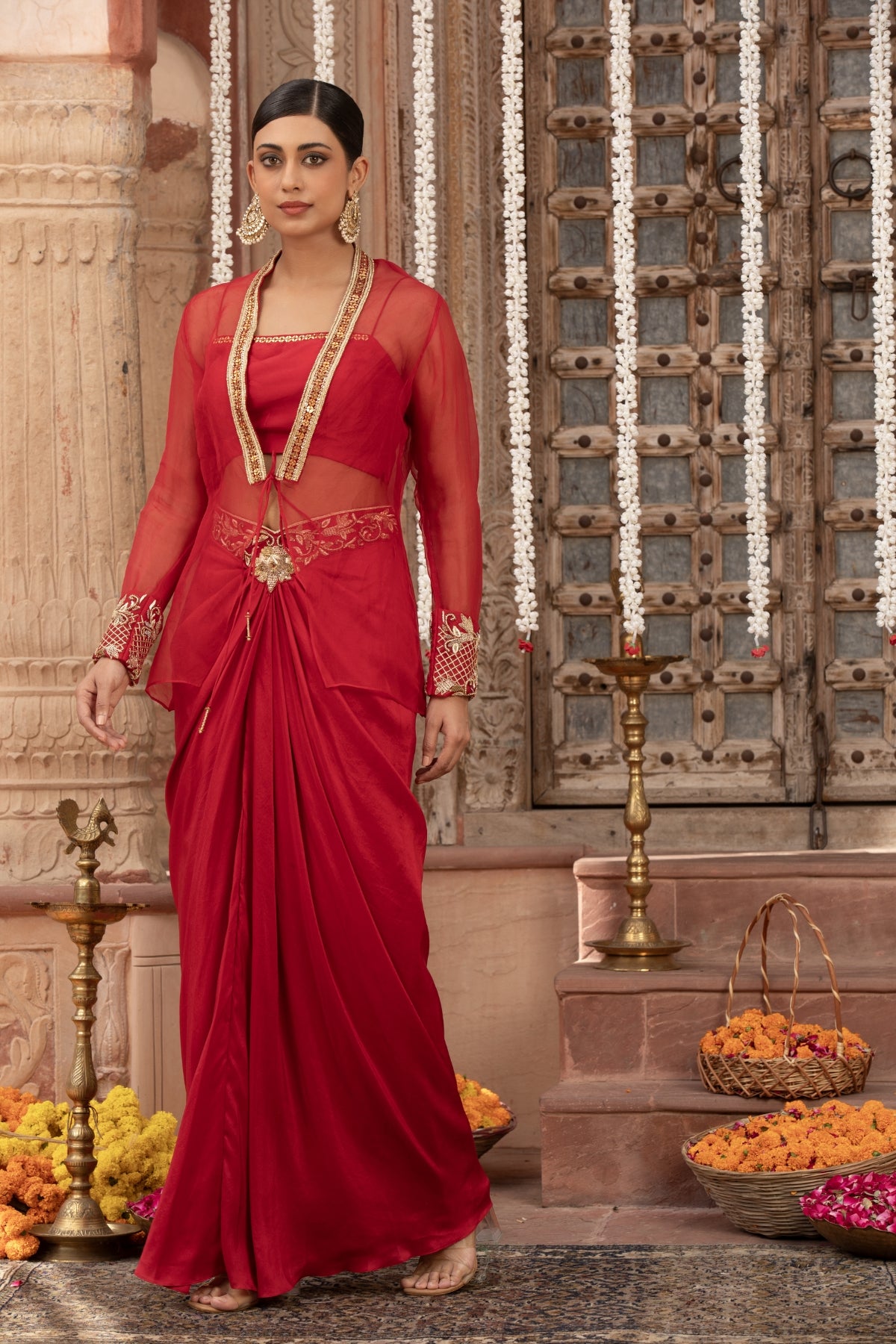 SCARLET RED ROCOCCO MOTIF JACKET-CROPTOP & DRAPE SKIRT SET