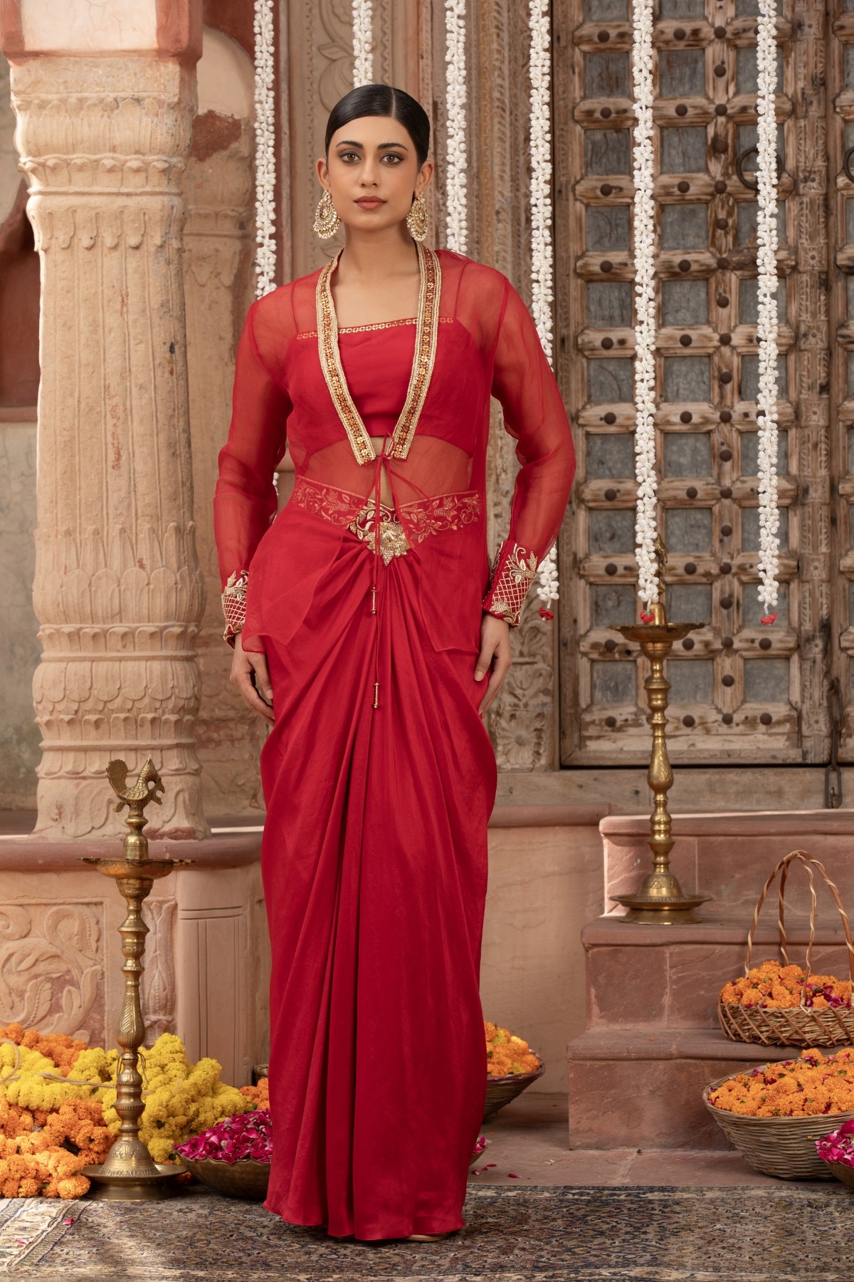 SCARLET RED ROCOCCO MOTIF JACKET-CROPTOP & DRAPE SKIRT SET