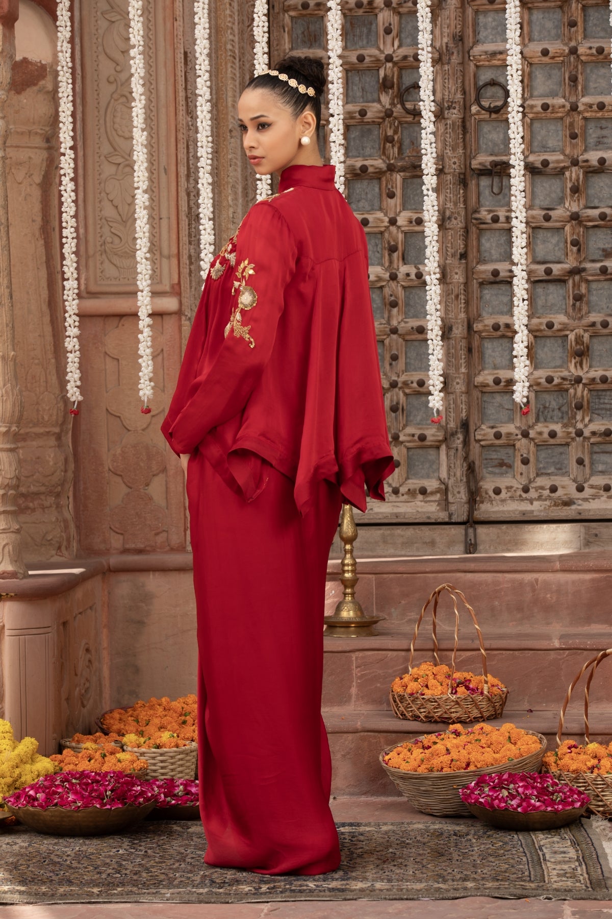 SCARLET RED KALIDAR ASYMMETRIC TOP & DRAPE SKIRT