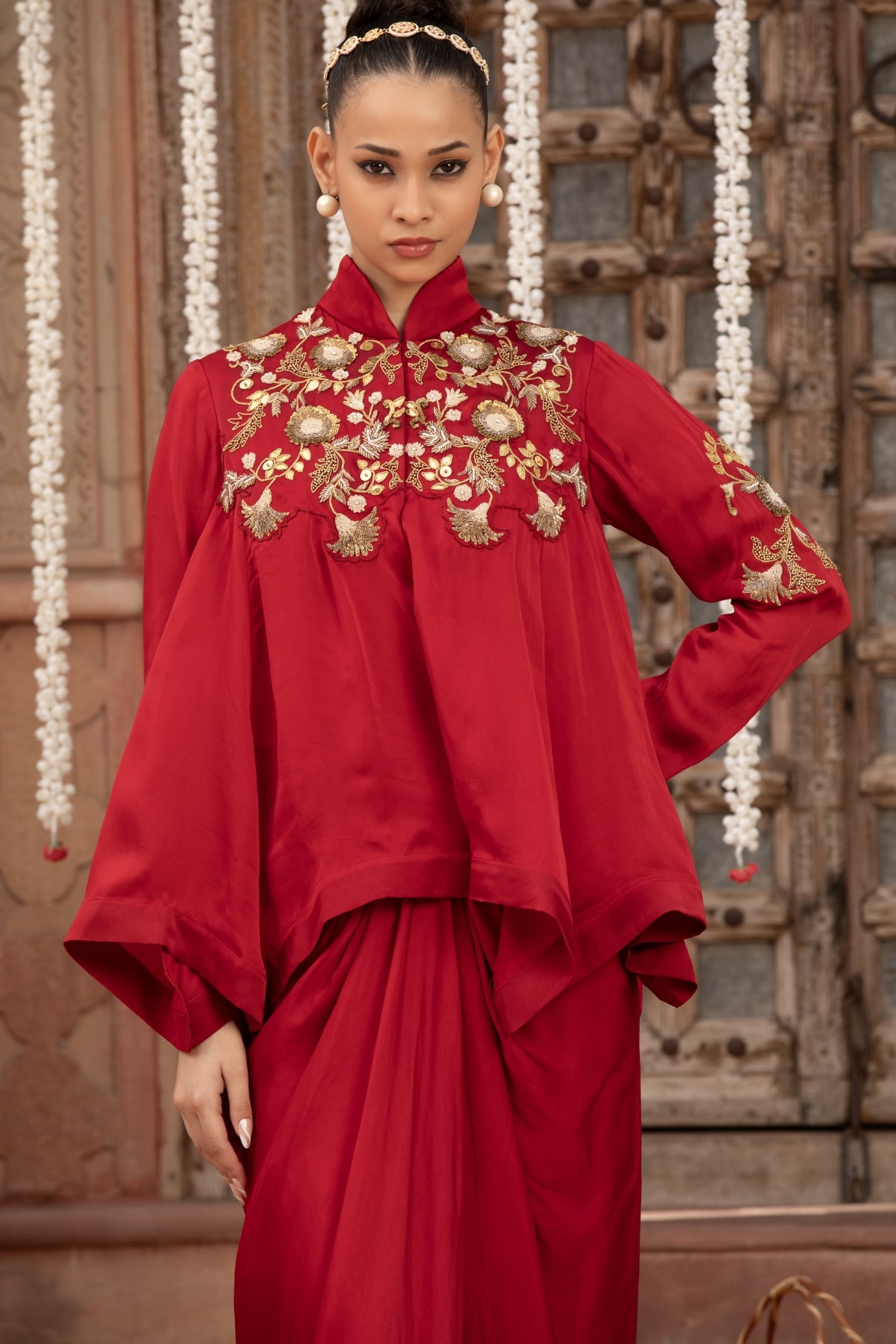 SCARLET RED KALIDAR ASYMMETRIC TOP & DRAPE SKIRT