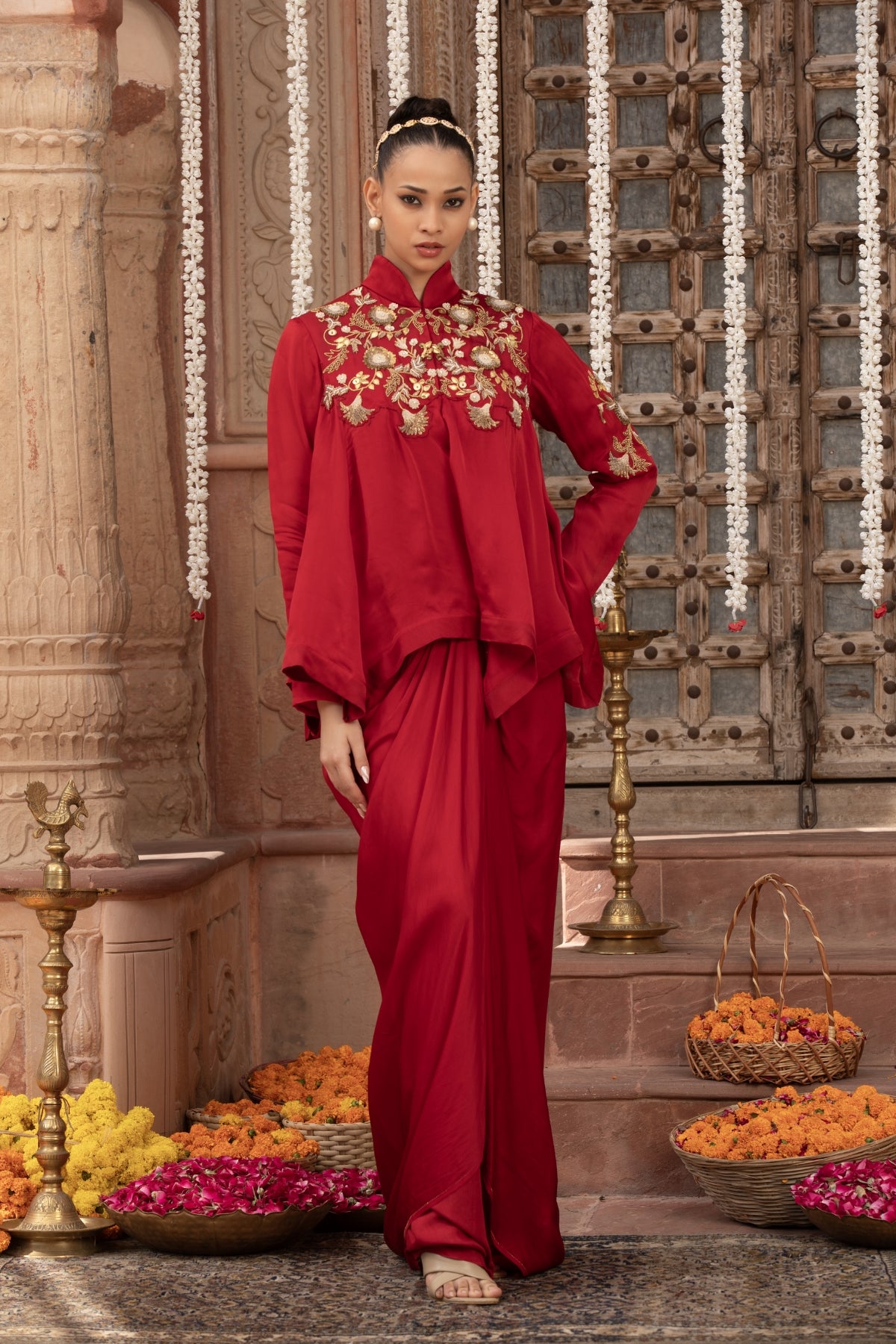 SCARLET RED KALIDAR ASYMMETRIC TOP & DRAPE SKIRT