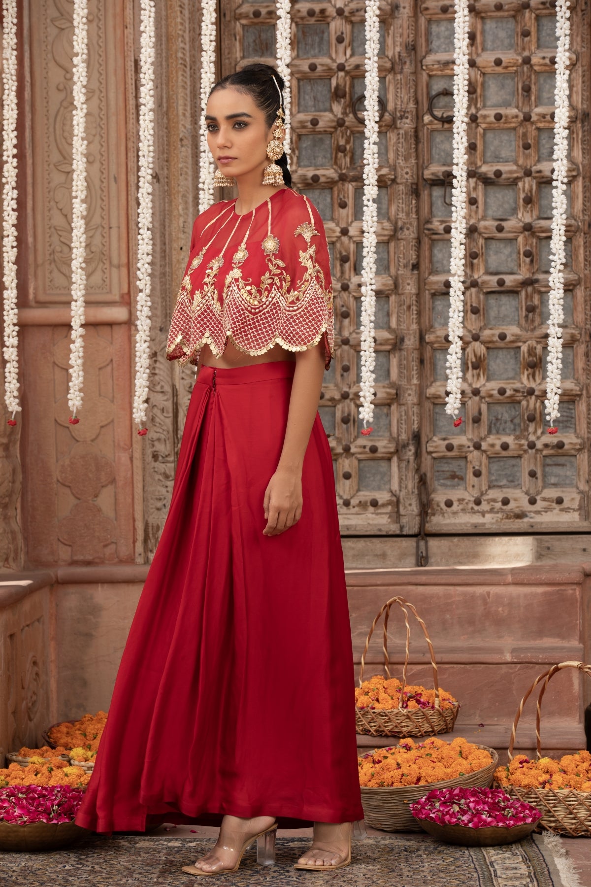 SCARLET RED SCALOOP CAPE,BUSTIER &DRAPE SKIRT