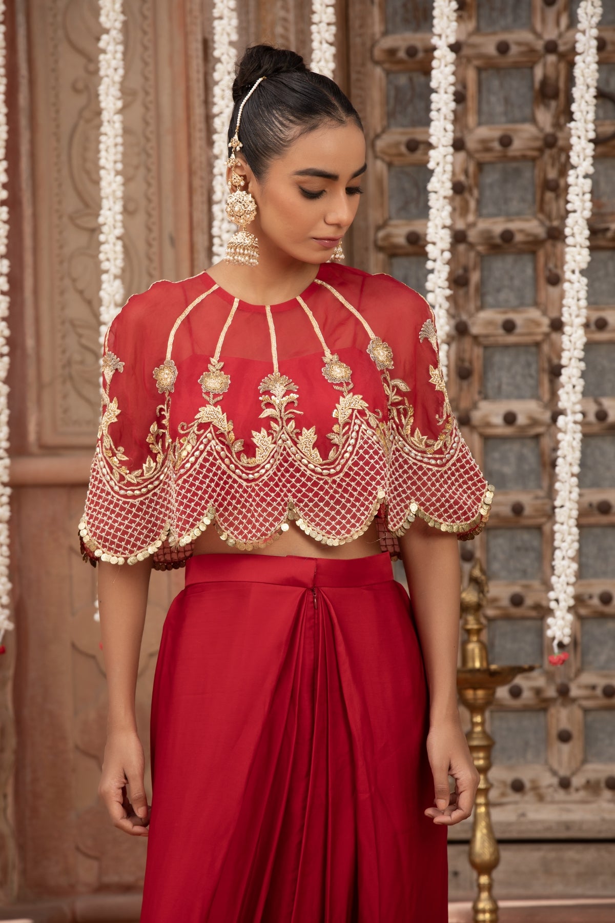 SCARLET RED SCALOOP CAPE,BUSTIER &DRAPE SKIRT