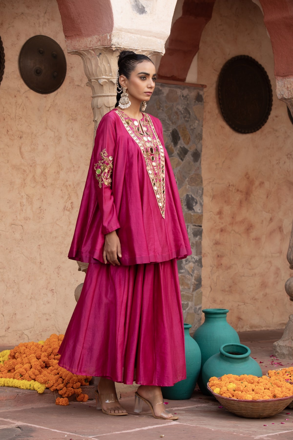 FUSCHIA PINK CHANDERI KATHIAVADI TOP & MIDI SKIRT