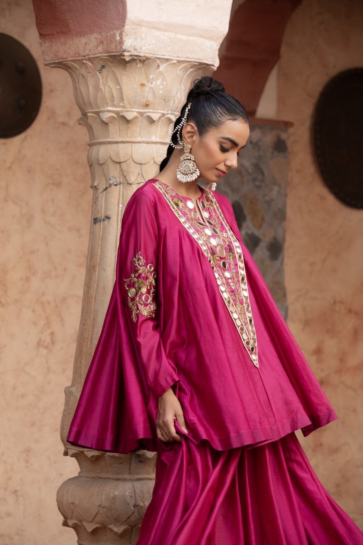 FUSCHIA PINK CHANDERI KATHIAVADI TOP & MIDI SKIRT