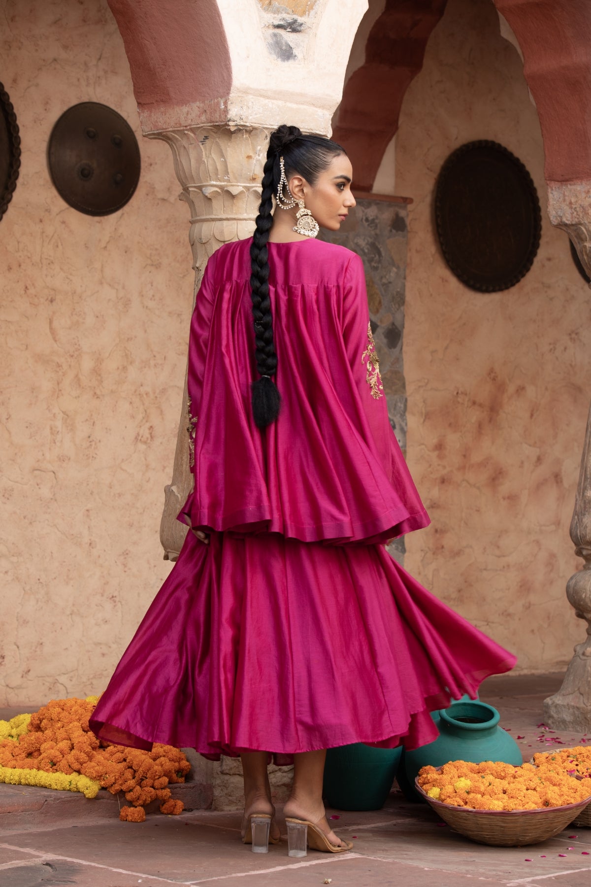 FUSCHIA PINK CHANDERI KATHIAVADI TOP & MIDI SKIRT