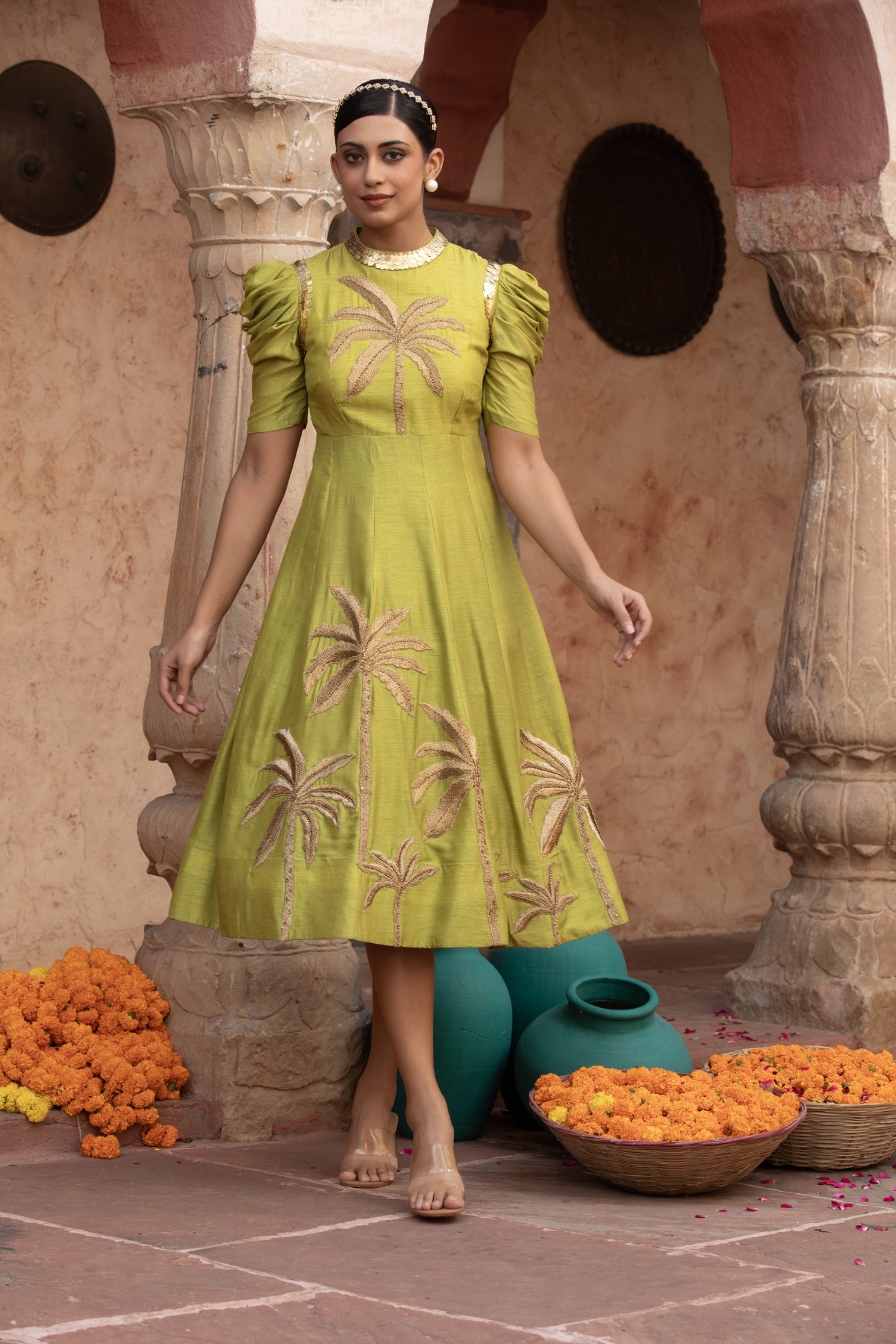 LIME GREEN ZARI TREE MIDI GOWN