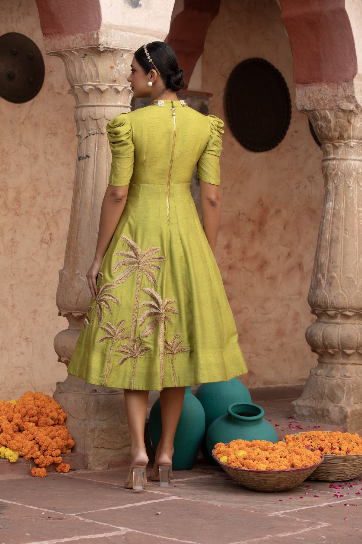 LIME GREEN ZARI TREE MIDI GOWN