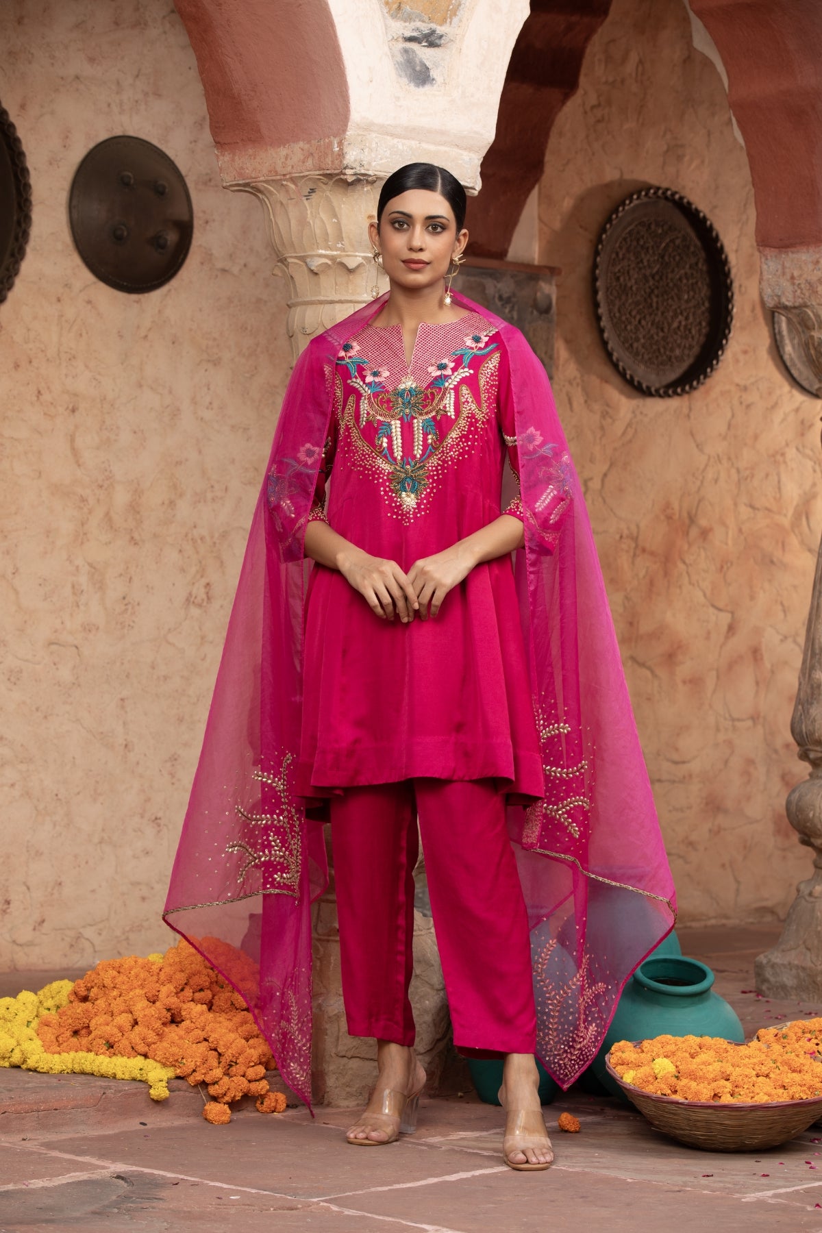 RANI-PINK HAND-EMBELLISHED ANARKALI SET