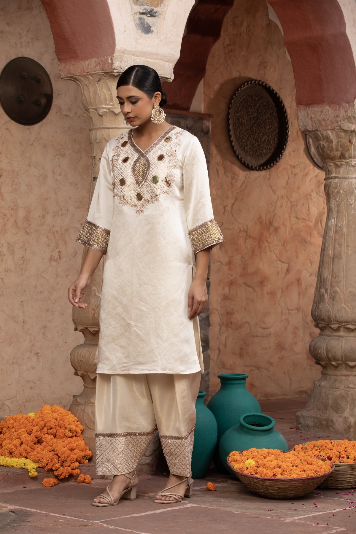 IVORY ROCOCCO KURTI FHARSI SALWAR