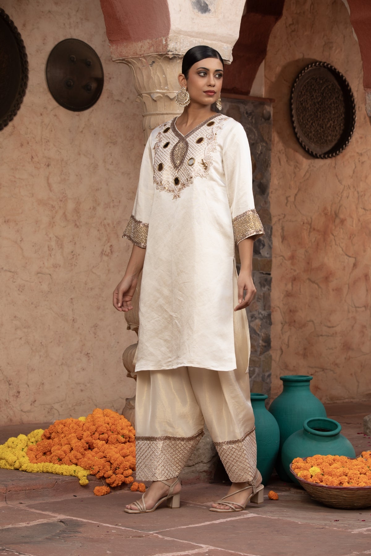 IVORY ROCOCCO KURTI FHARSI SALWAR