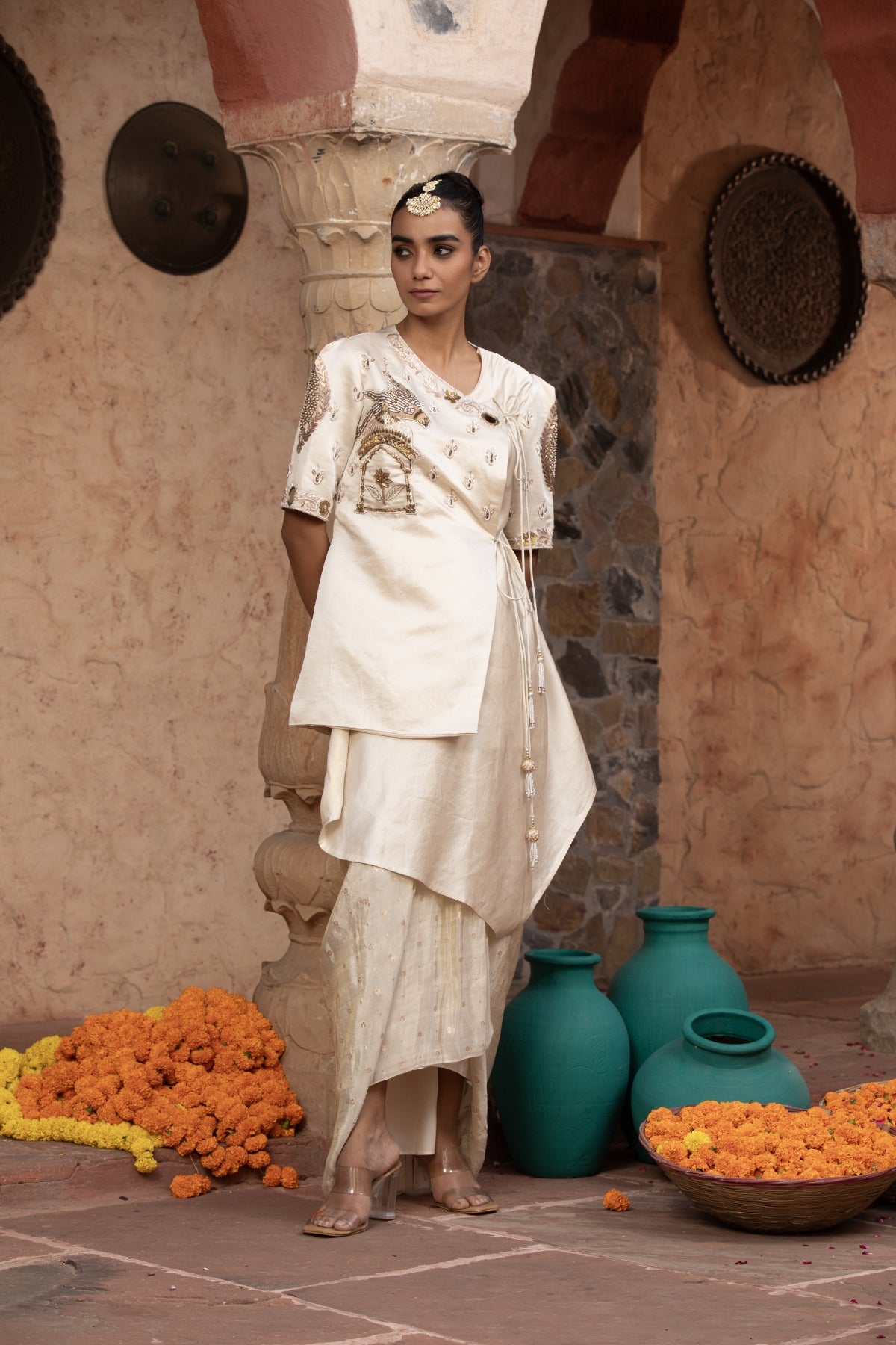 IVORY ROCOCCO ASYMMETRIC ANGRAKHA WITH DRAPE SKIRT