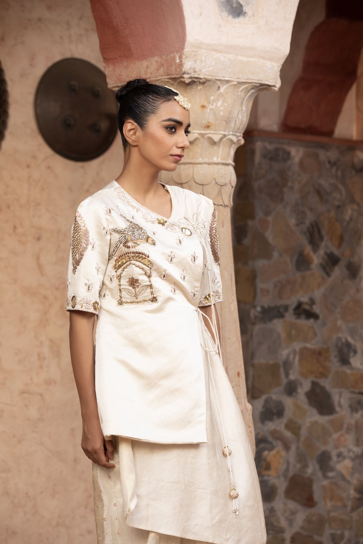 IVORY ROCOCCO ASYMMETRIC ANGRAKHA WITH DRAPE SKIRT