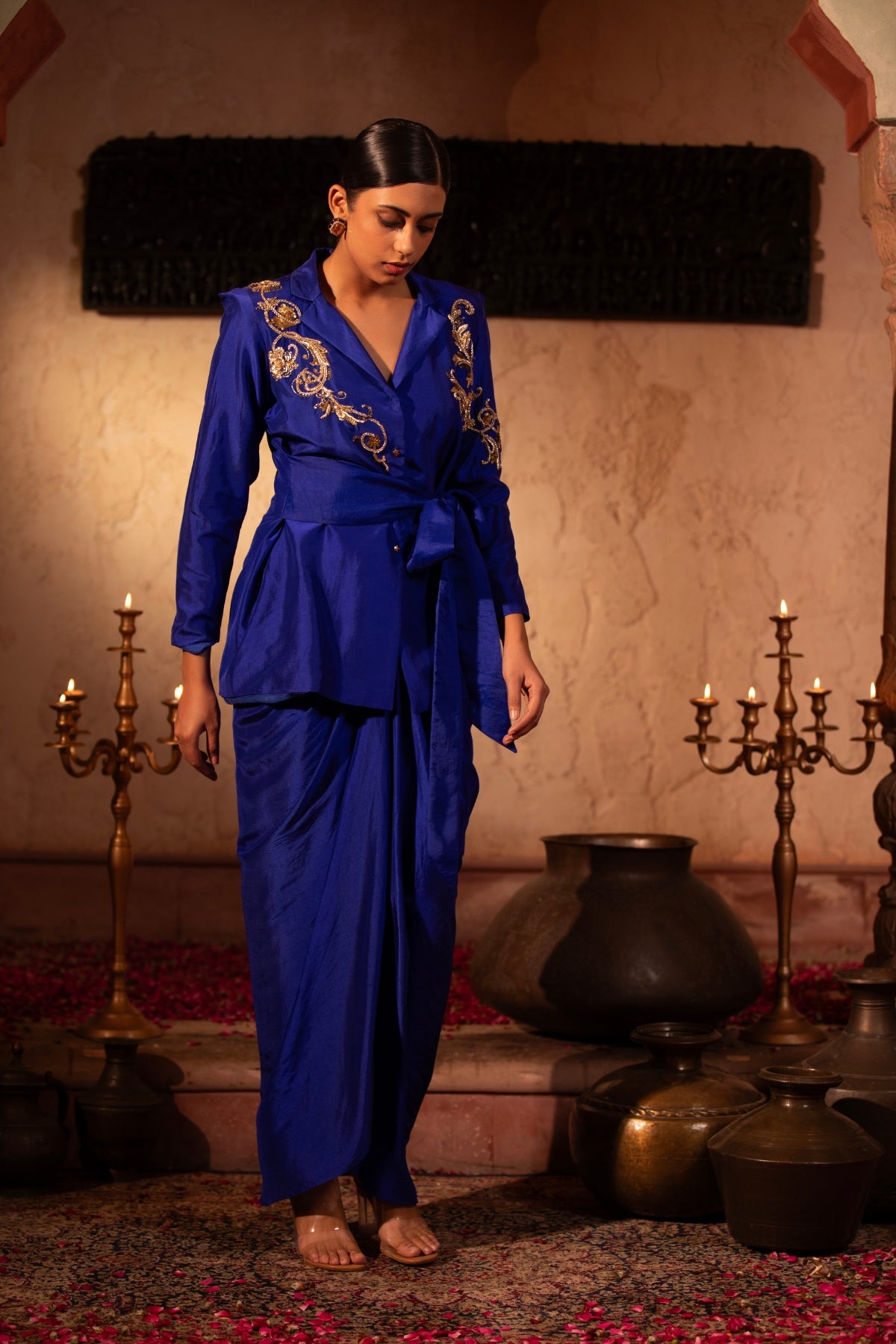 EGYPTIAN BLUE WRAP ROCOCCO BLAZER WITH DRAPE SKIRT
