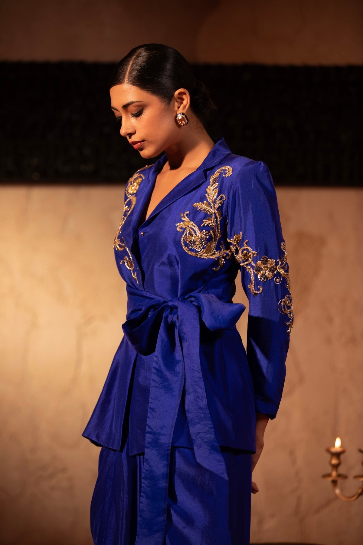 EGYPTIAN BLUE WRAP ROCOCCO BLAZER WITH DRAPE SKIRT