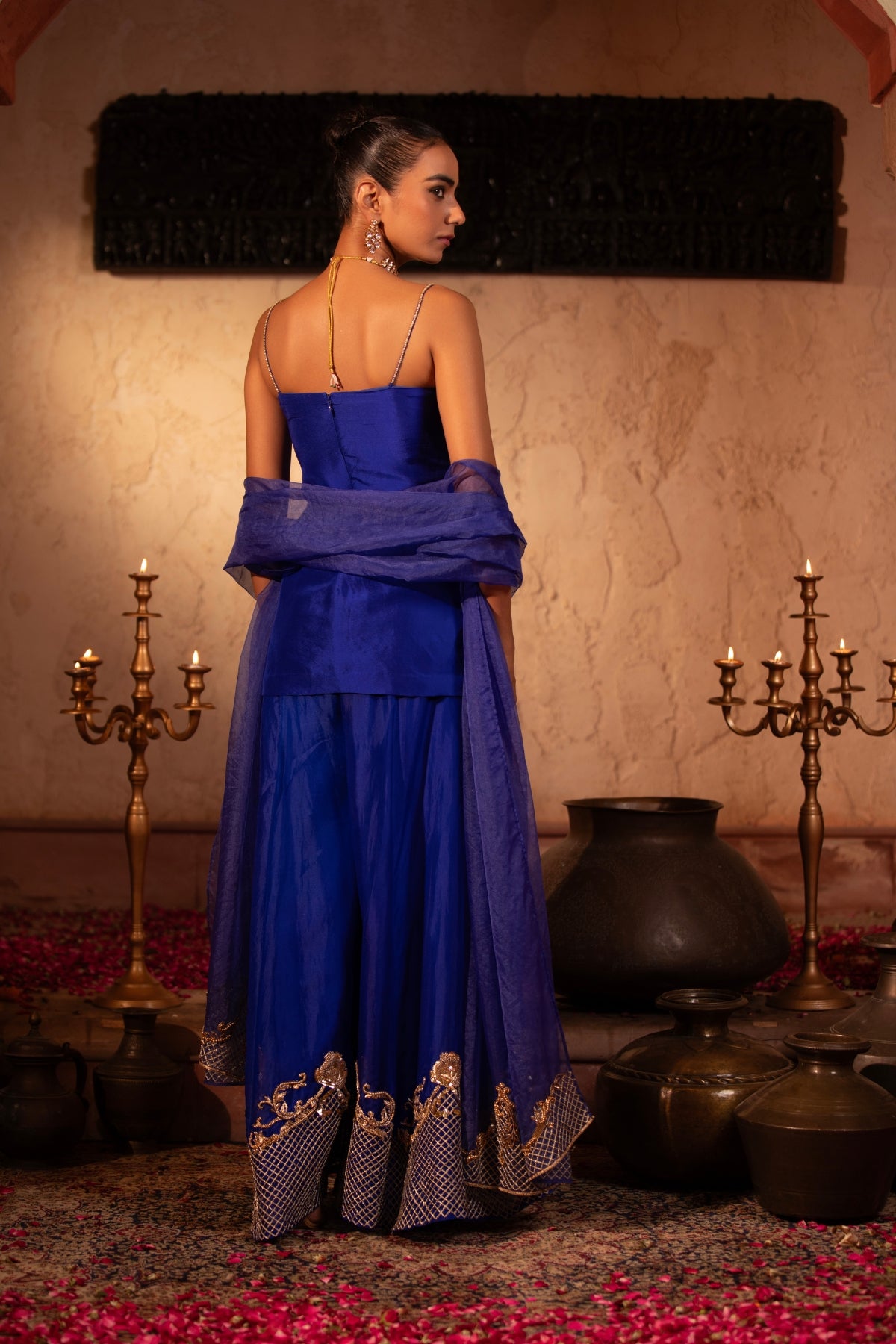 EGYPTIAN BLUE ROCOCO CORSET PEPLUM SHARARA SET