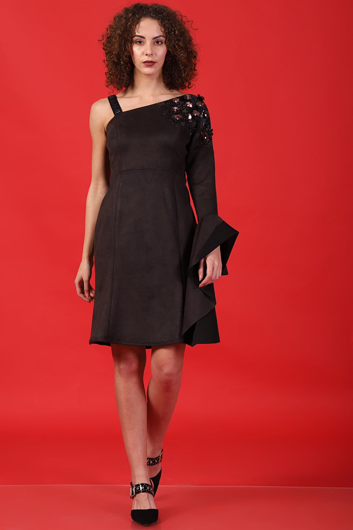 Power shoulder-Drama Sleeves cocktail Dress