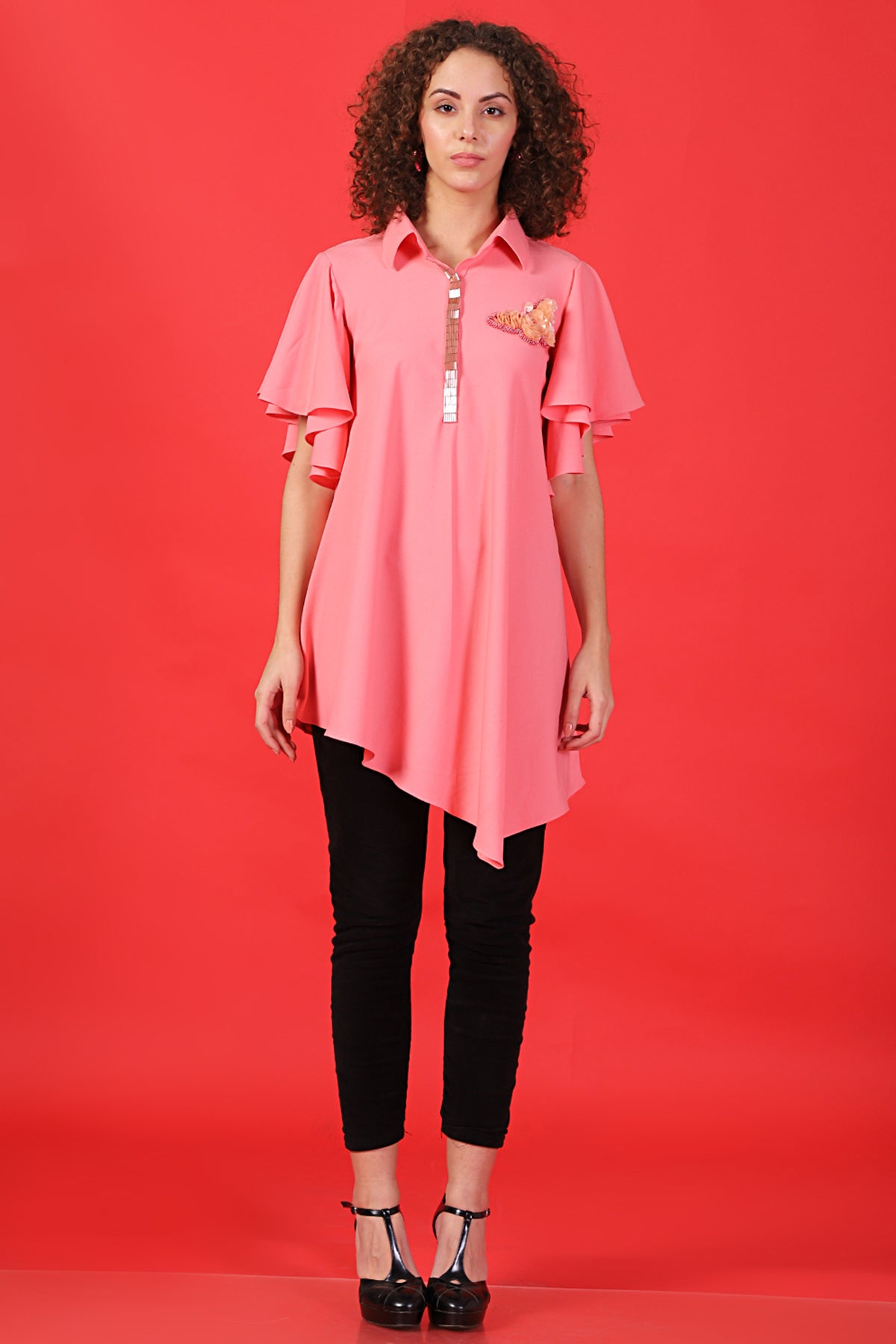 Asymmetric bell sleeves butterfly shirt