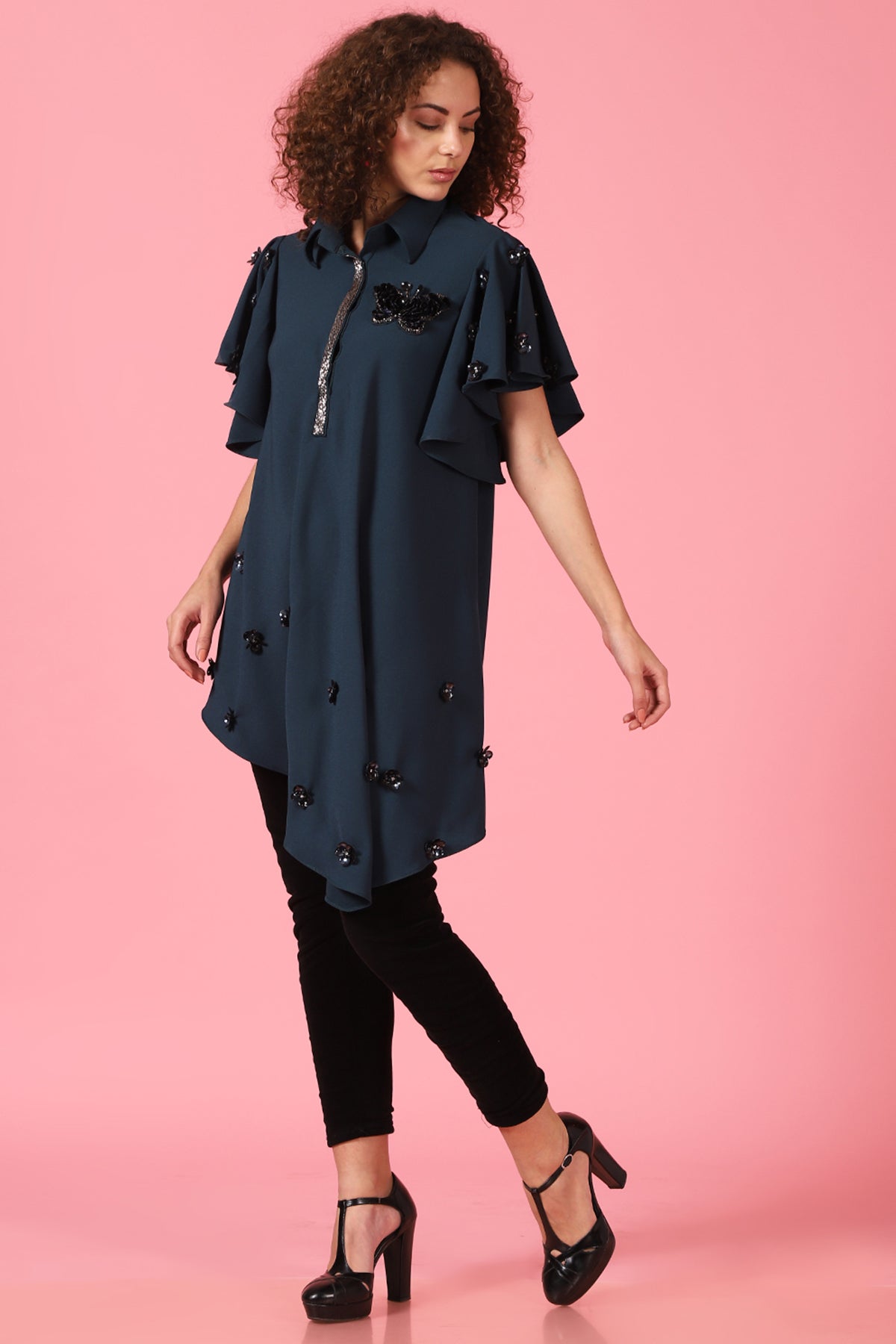 Asymmetric bell sleeves butterfly shirt