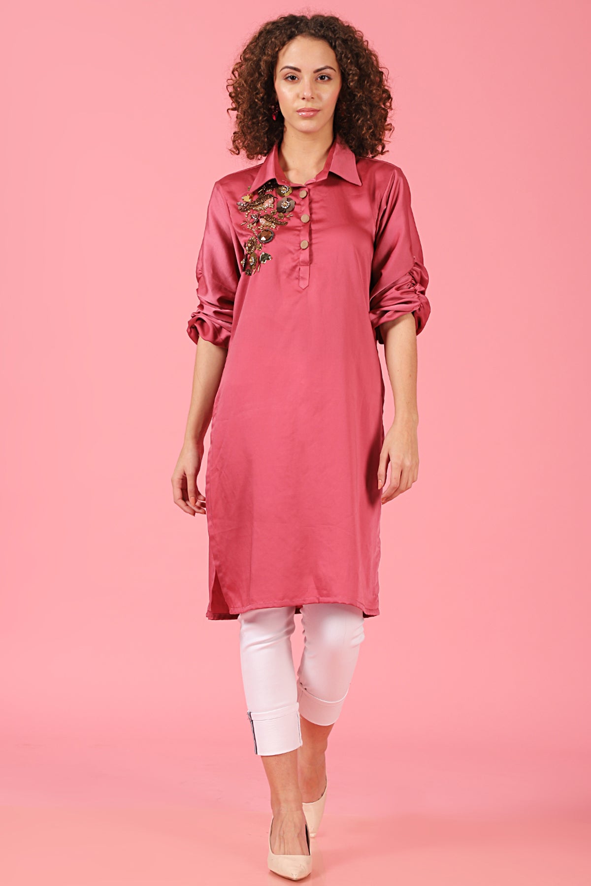 Bird Embellished ruched sleeve Shirt Kurti