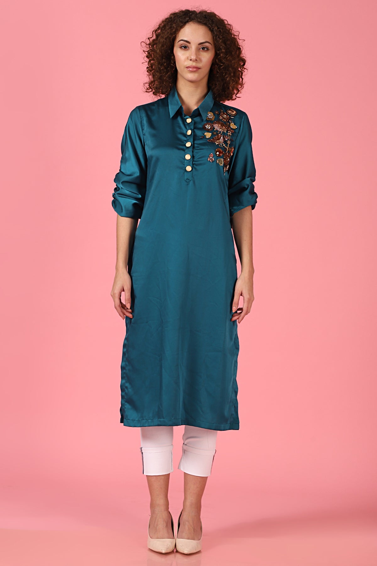 Bird Embellished Teal Shirt Kurti