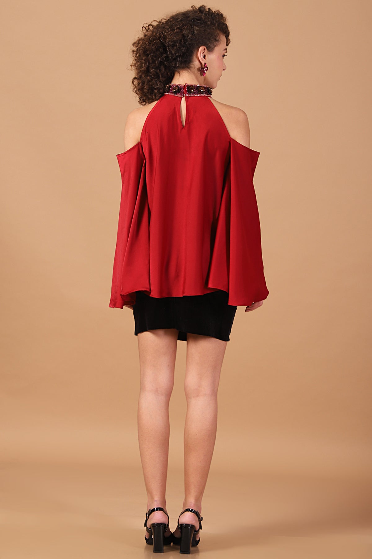 Cherry Red high-neck Cold Shoulder Top