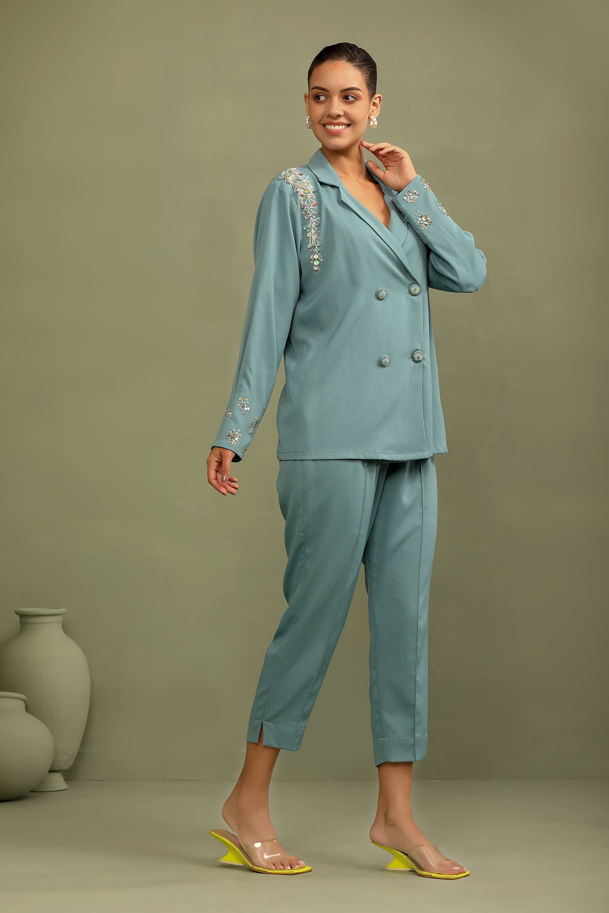 Mint Blue Sequin Summer Trench Co-Ord Set