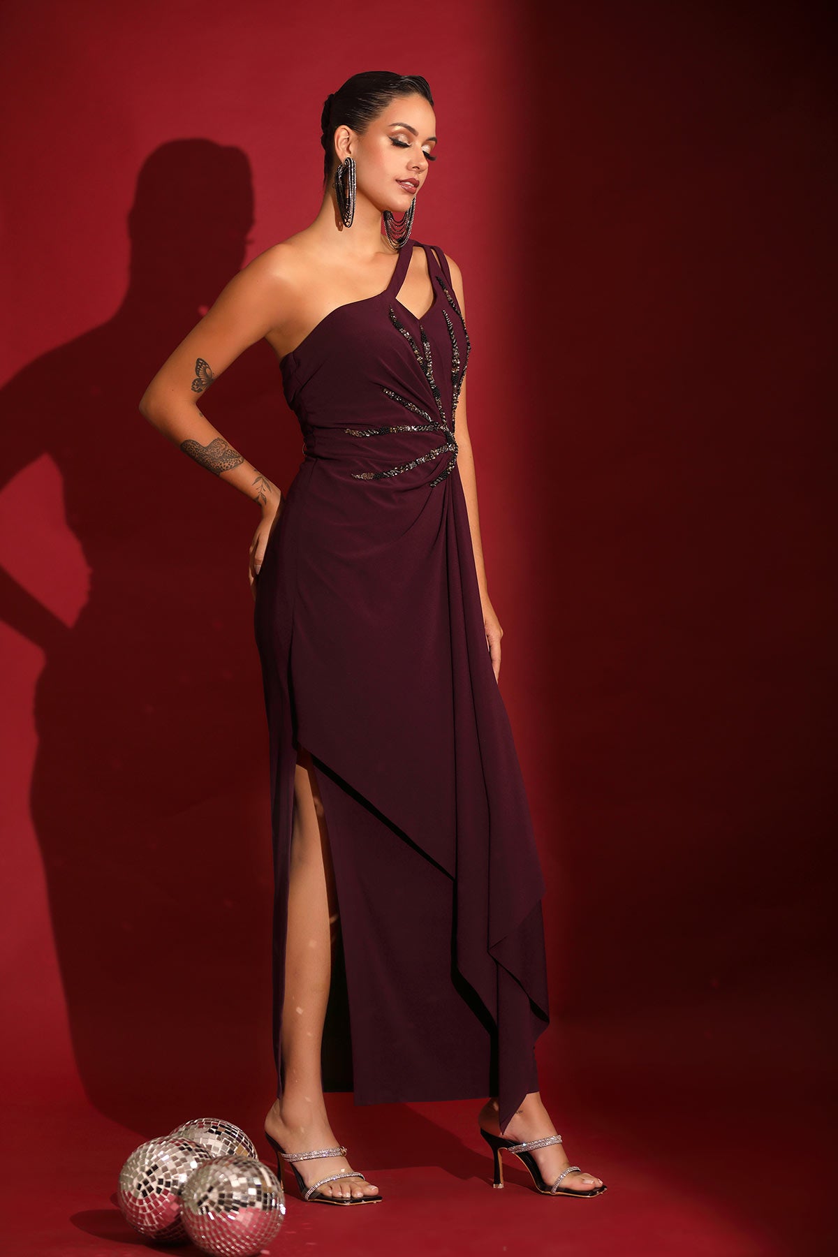 Plum abstract cocktail midi gown