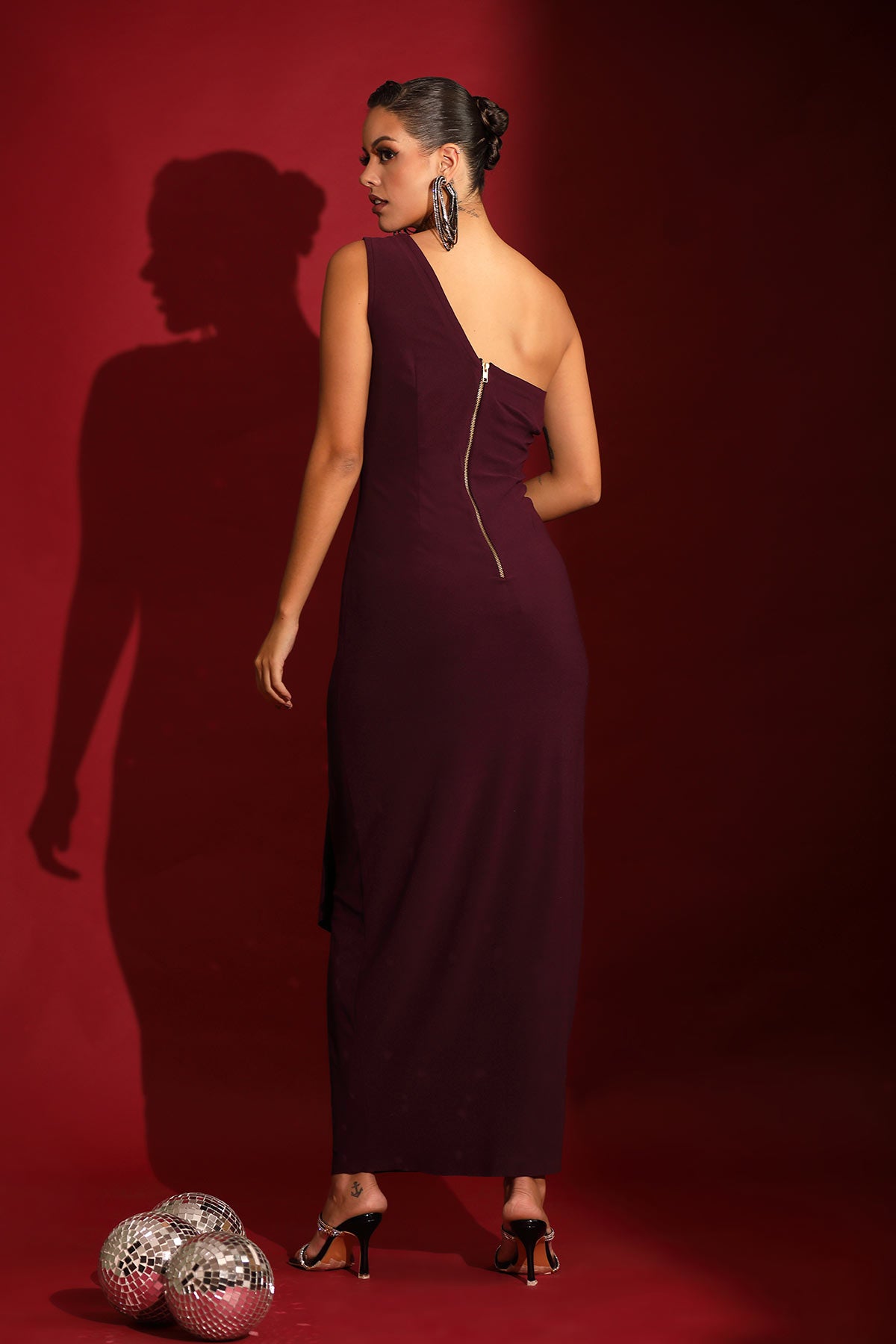 Plum abstract cocktail midi gown