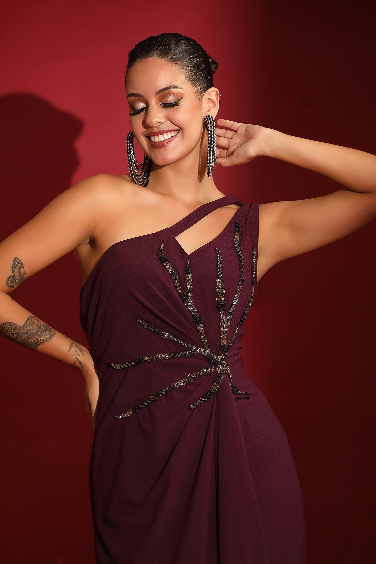 Plum abstract cocktail midi gown