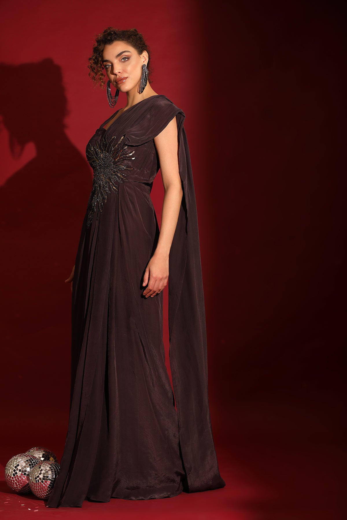 Abstract midnight plum flared gown