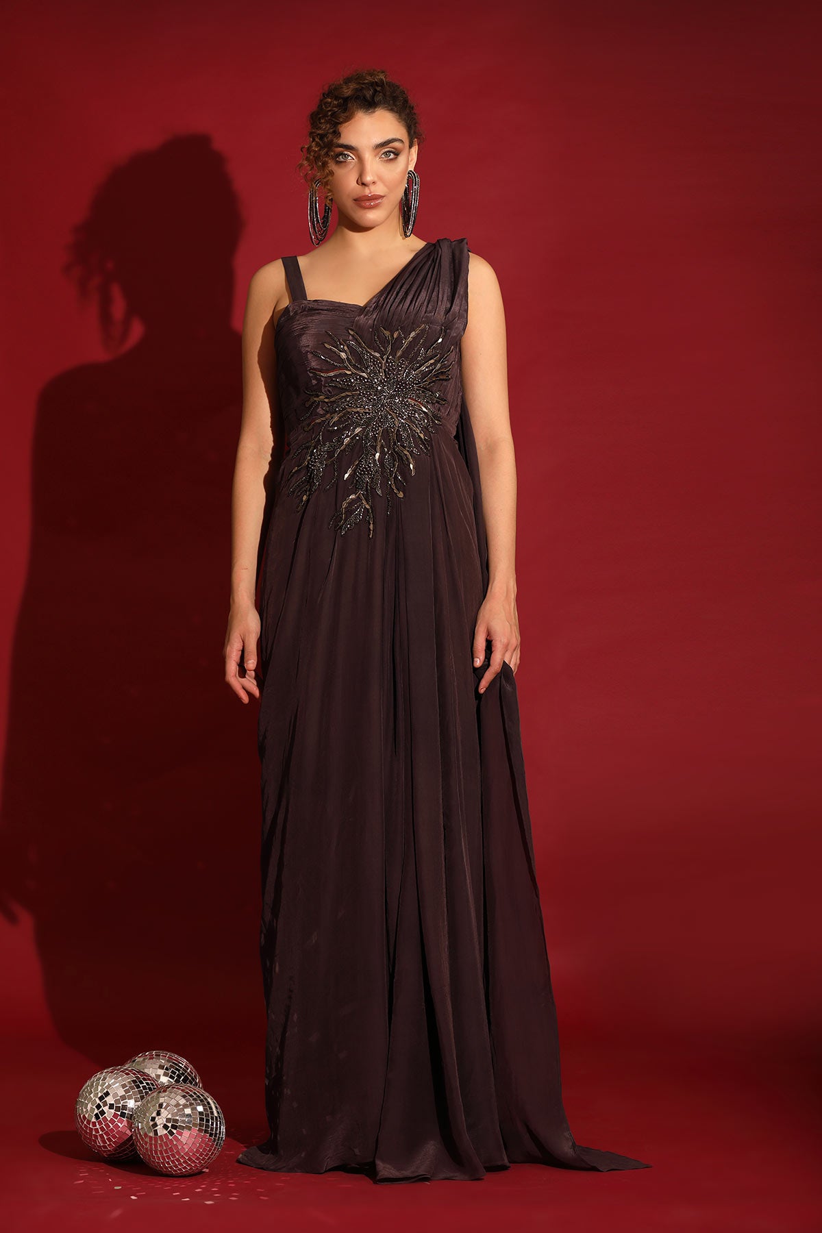 Abstract midnight plum flared gown