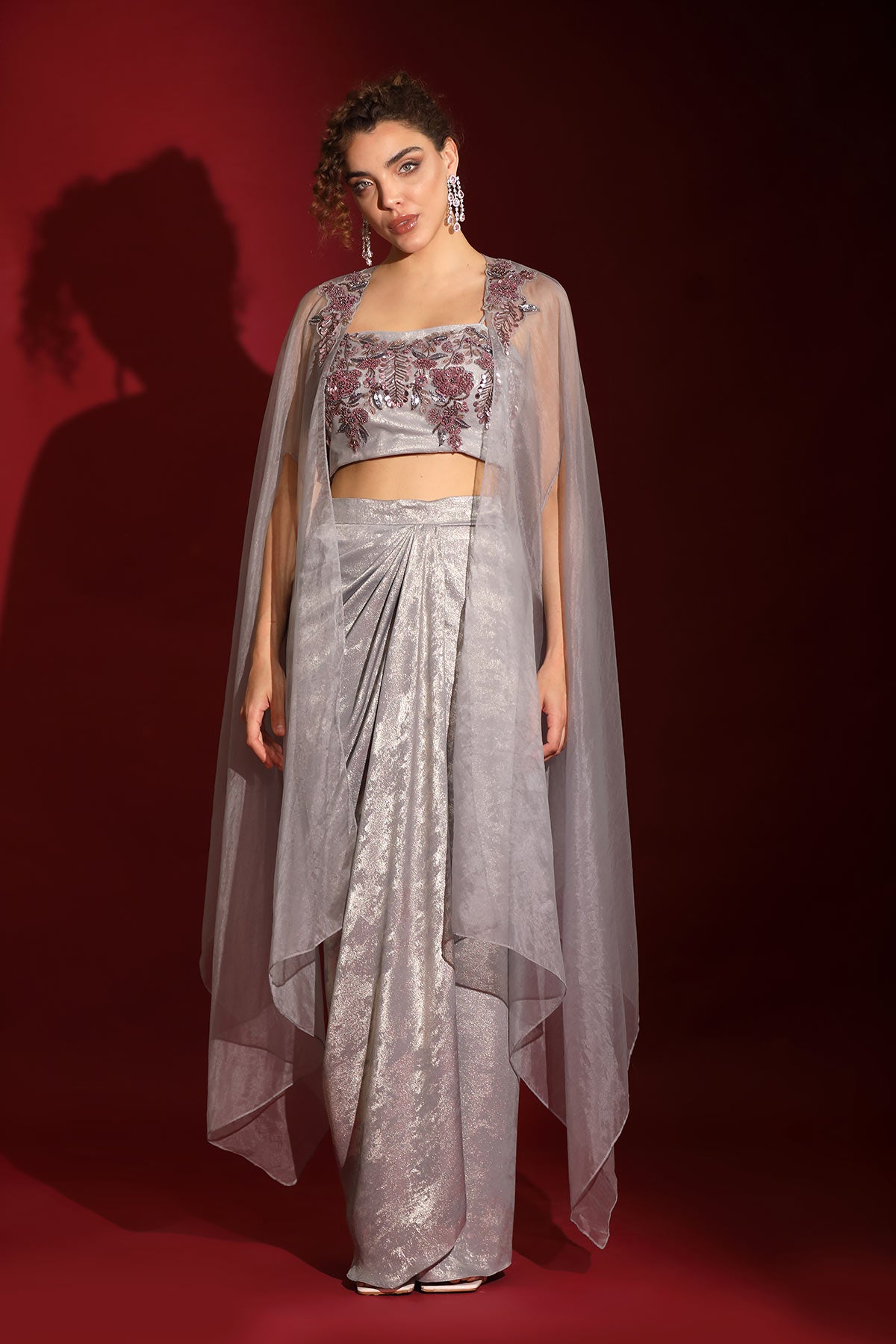 Metallic grey foil & sea life embroidered crop-top  draped skirt-cape set