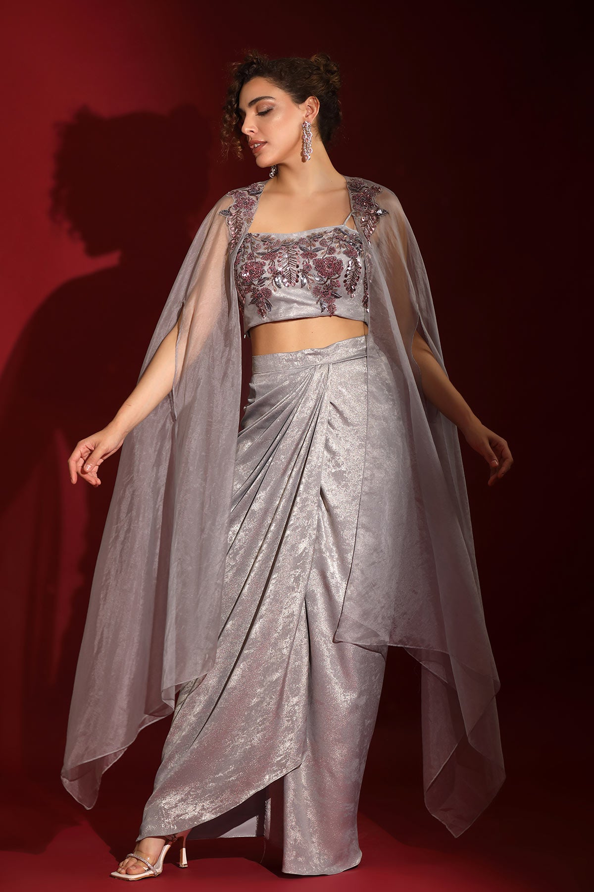 Metallic grey foil & sea life embroidered crop-top  draped skirt-cape set