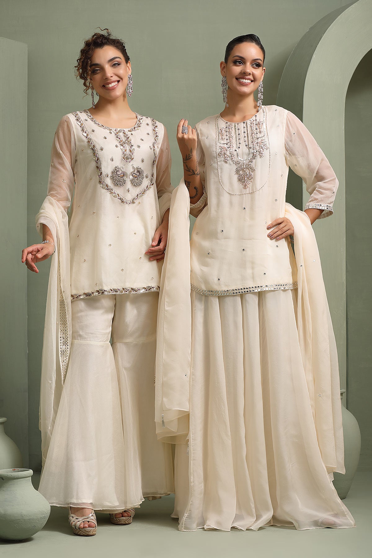 Ivory peacock motif  hand-embellished short-kurti, sharara set