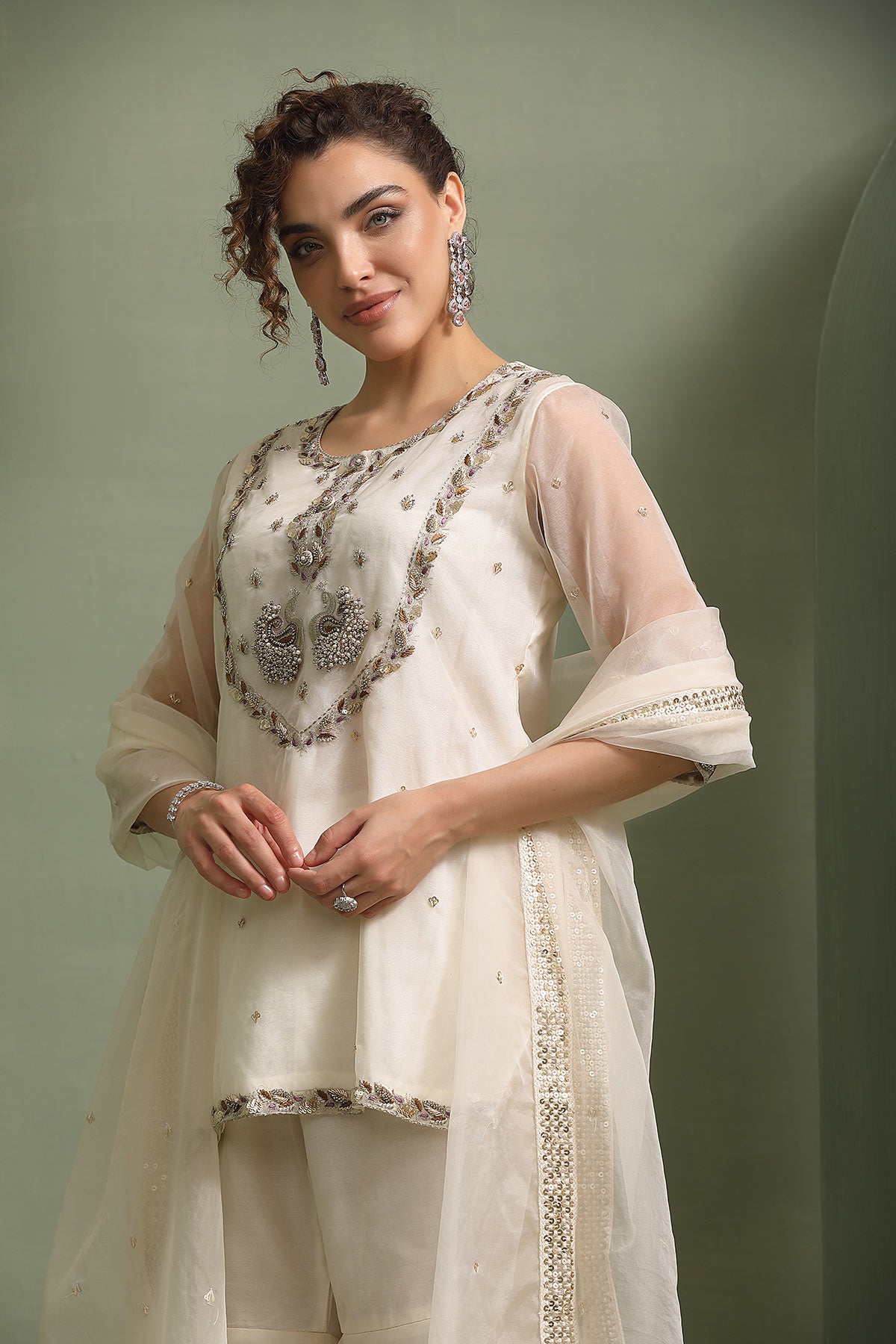 Ivory peacock motif  hand-embellished short-kurti, sharara set