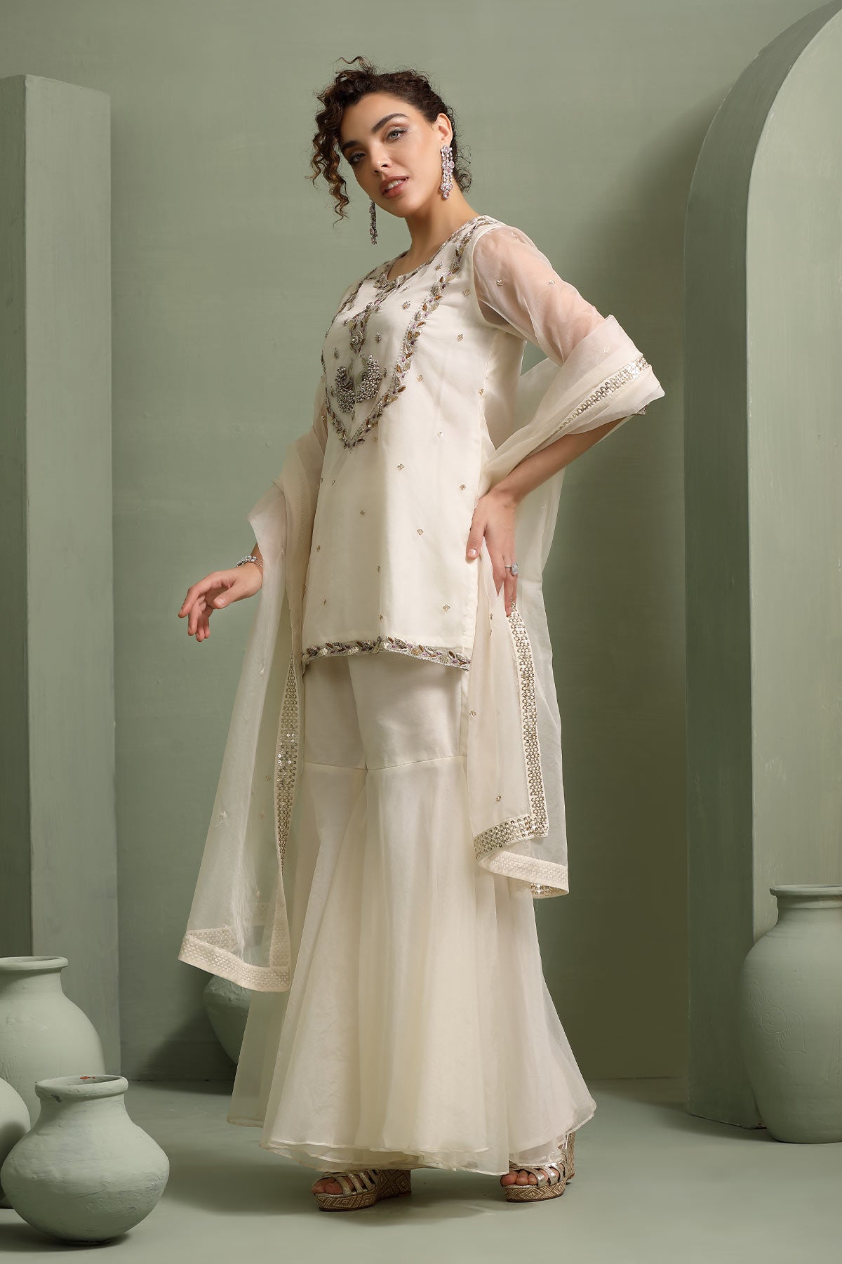 Ivory peacock motif  hand-embellished short-kurti, sharara set