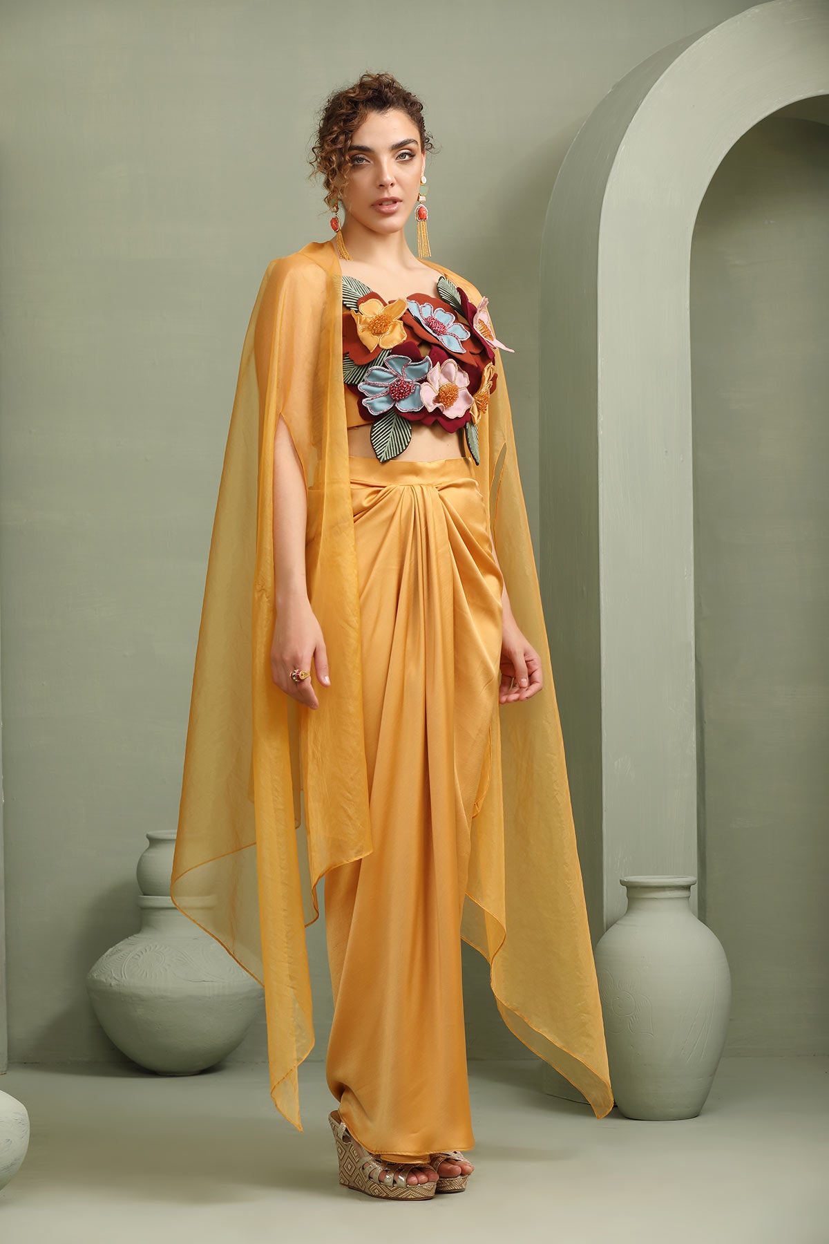 Mustard draped skirt-cape & 3d hand-made color block  flower set